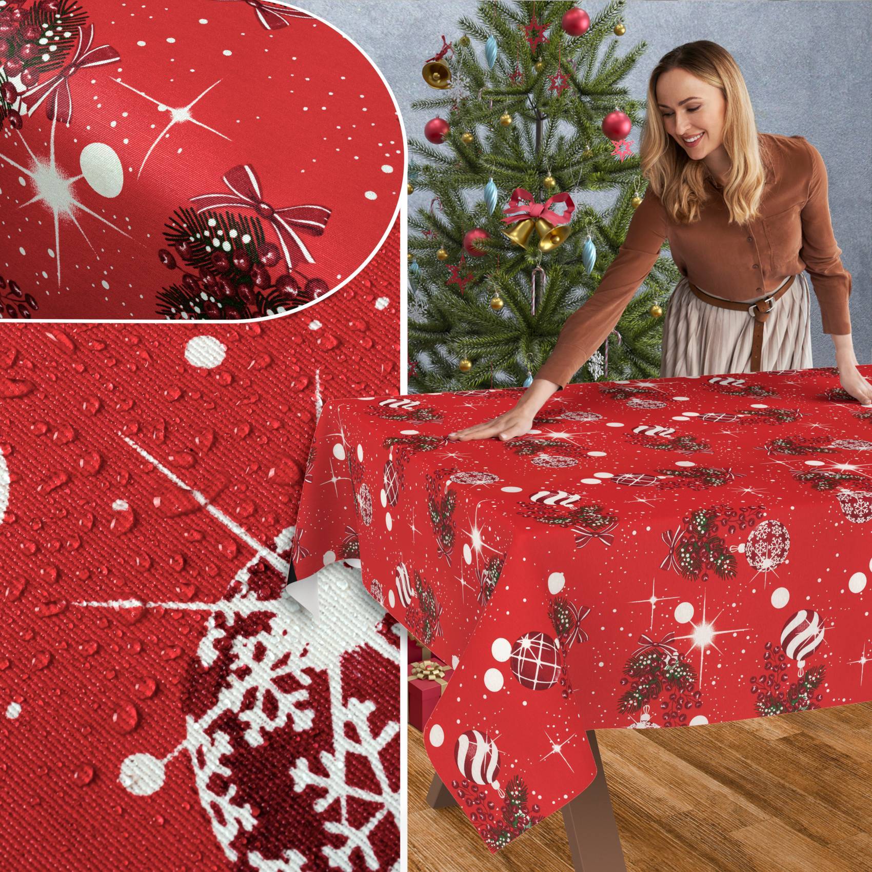 Frau arrangiert eine rote Weihnachtstischdecke mit Weihnachtsschmuck, Schneeflocken und Glitzern neben einem geschmückten Weihnachtsbaum.