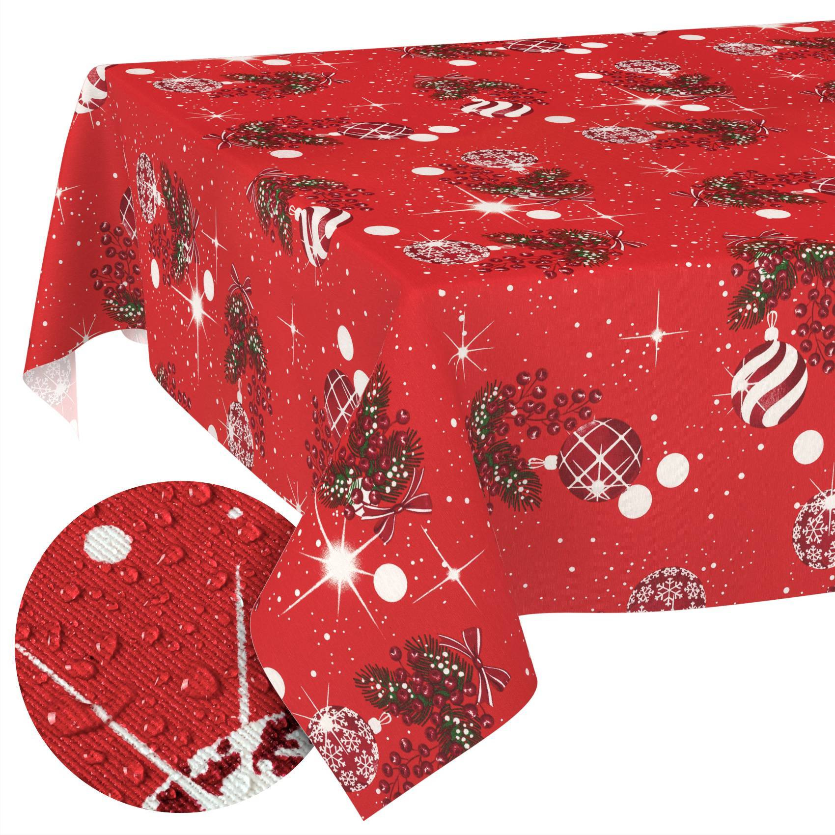 Rote Weihnachtstischdecke mit festlichen Ornamenten, Sternen und Stechpalmen-Muster; die Vergrößerung zeigt die Nahaufnahme der gewebten Stoffstruktur.
