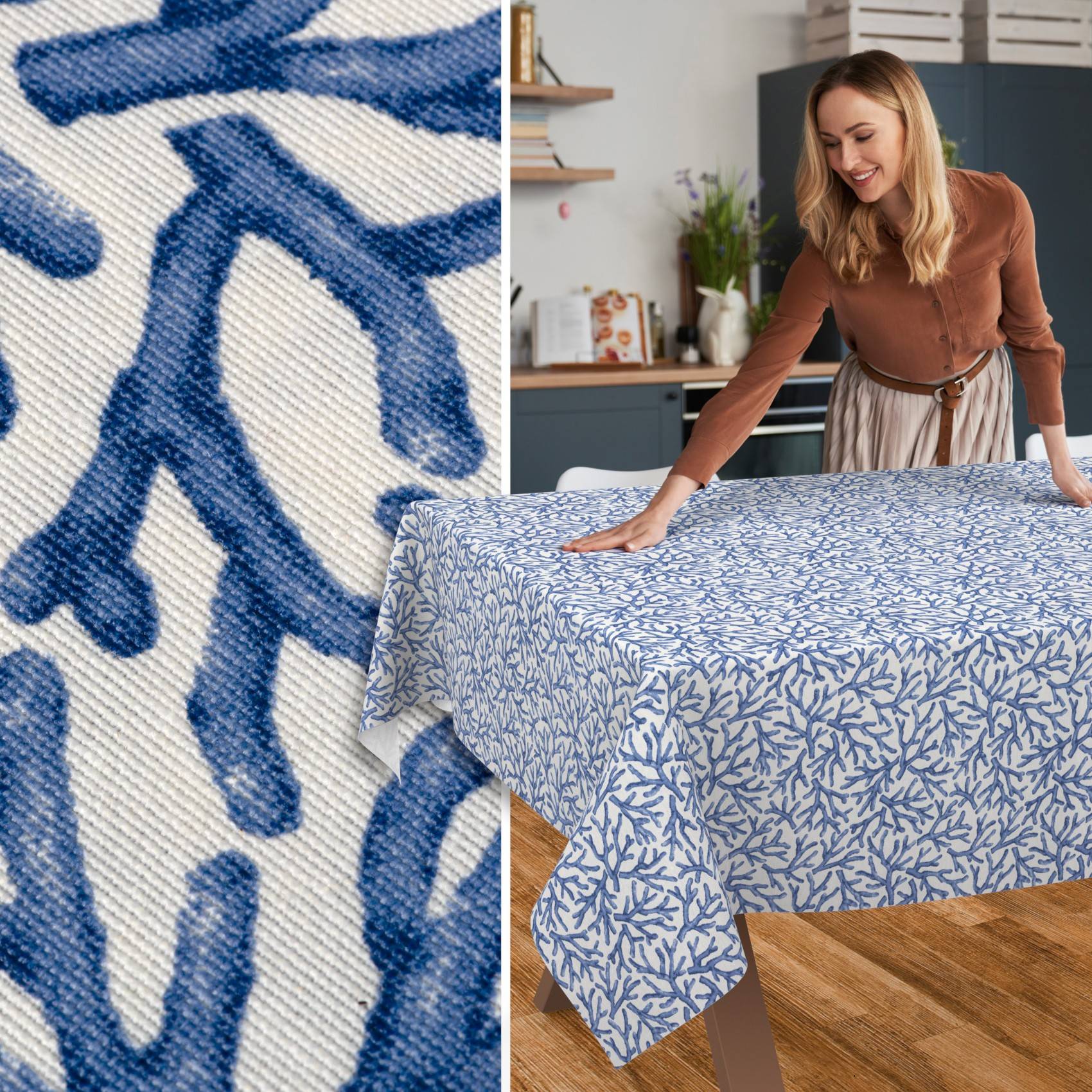 Geteiltes Bild zeigt ein Nahaufnahmemuster aus blauem und weißem Blumenstoff und eine Frau, die die gemusterte Tischdecke über einem Tisch in einem Speisezimmer eines Hauses glättet.
