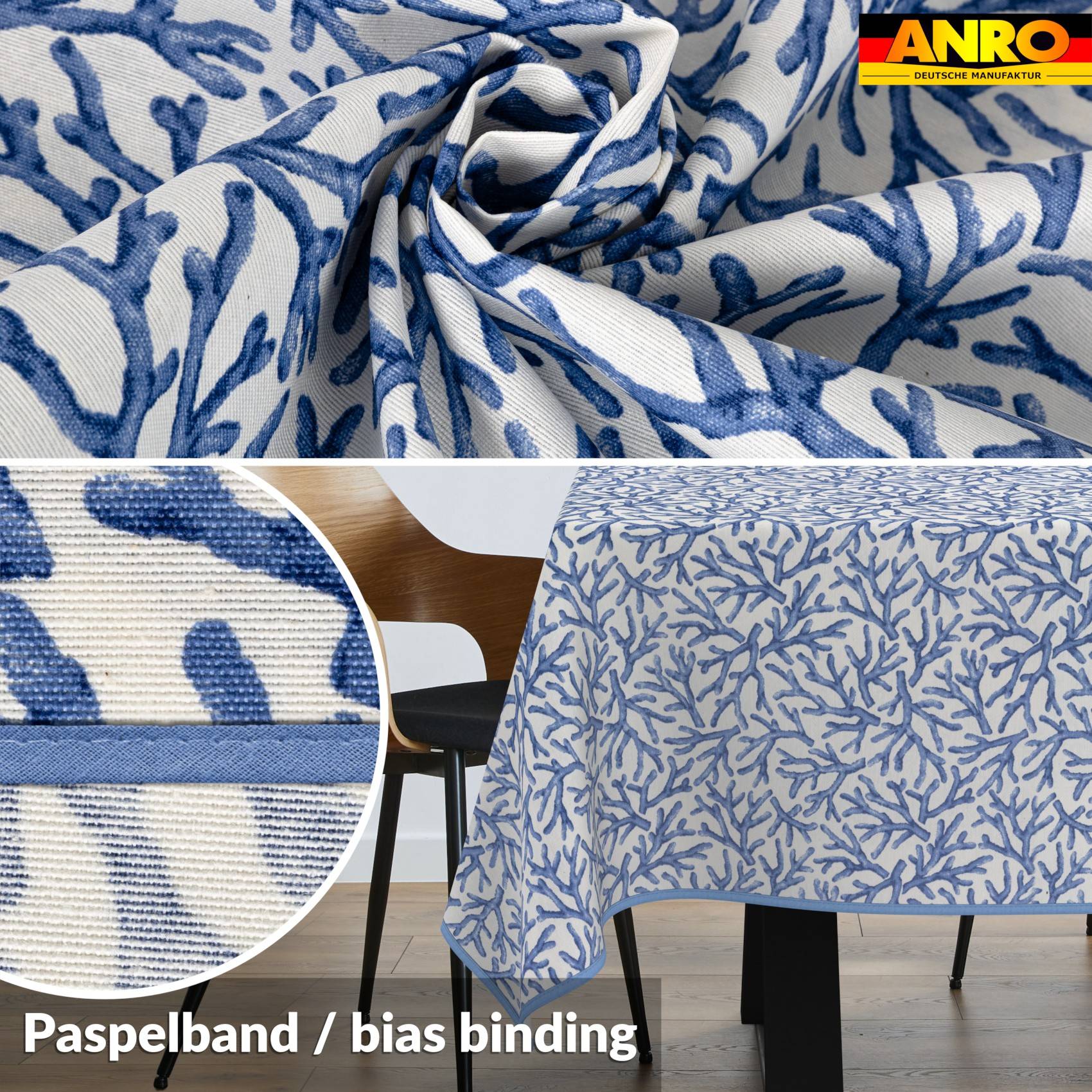 Blau-weiß gemusterter Stoff mit einer Nahaufnahme der Webkante; beschriftet mit "Paspelband / Schrägband"".