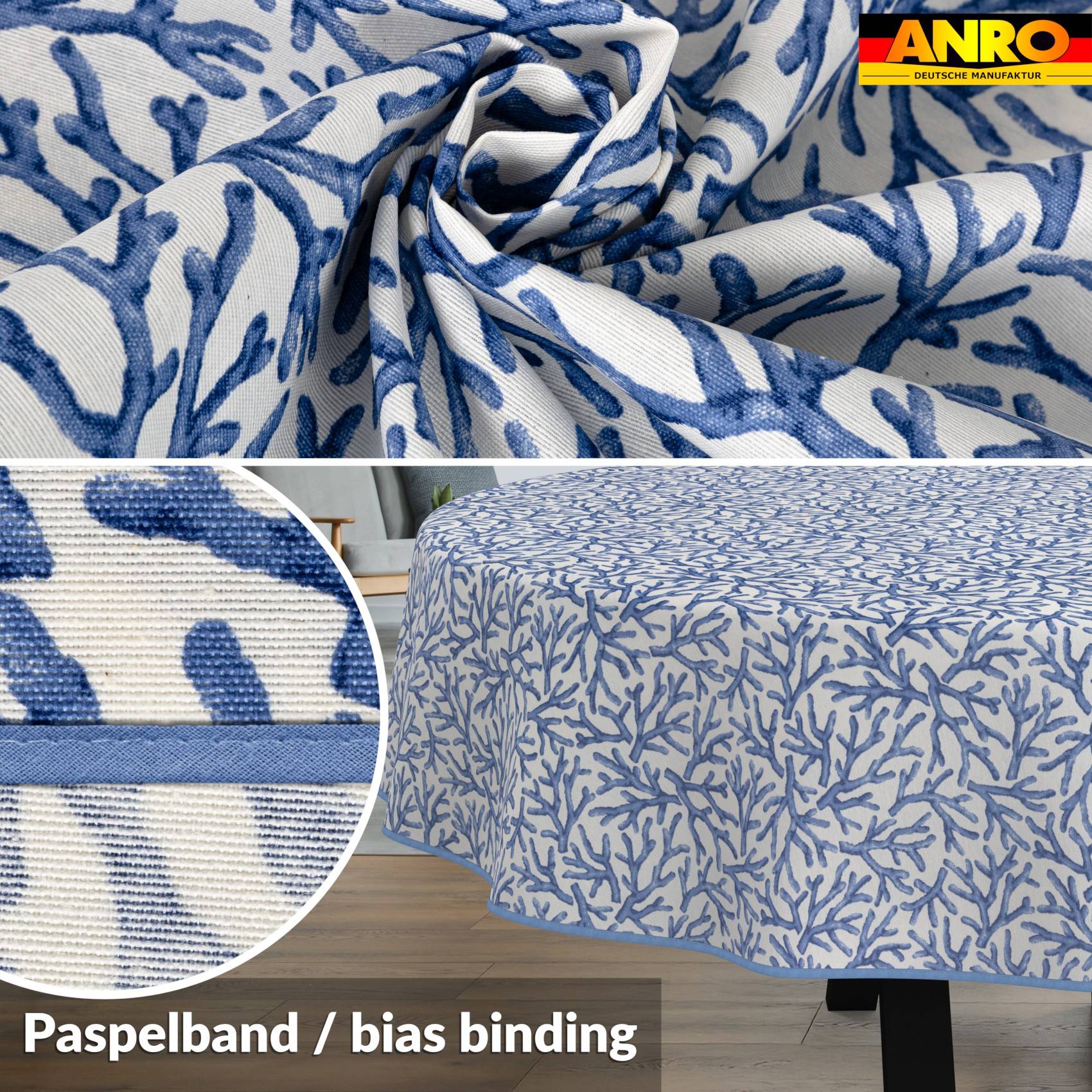 Blau-weiß gemusterter Stoff, der als Tischdecke verwendet wird, in Nahaufnahme gezeigt und über einem Tisch drapiert, mit eingefügtem Detail und dem Text „Paspelband / Schrägband".
