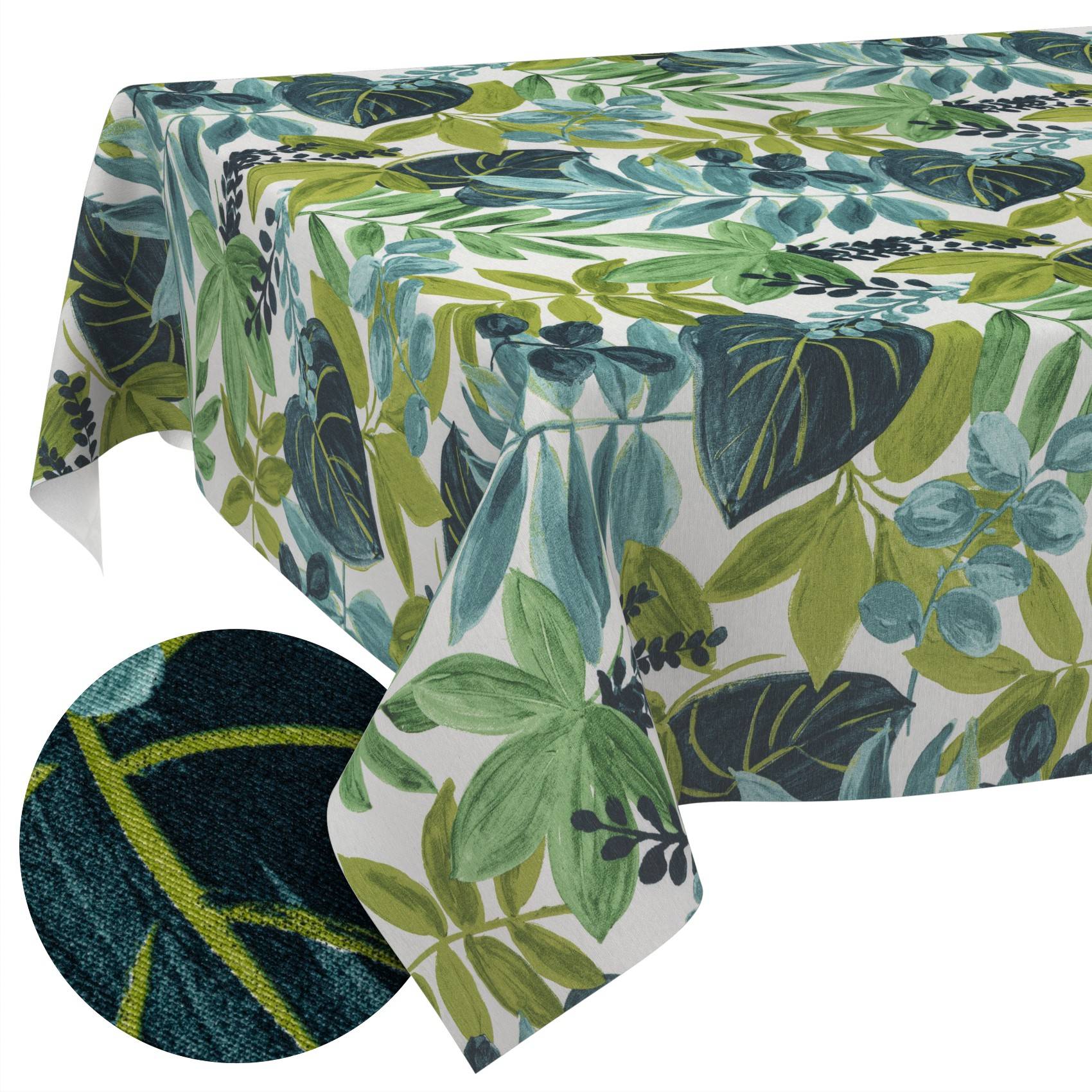 Tischdecke mit Blattmuster in Grün, Blau und dunklem Marineblau mit botanischem Druck; Ausschnitt zeigt Nahaufnahme der Stoffstruktur.