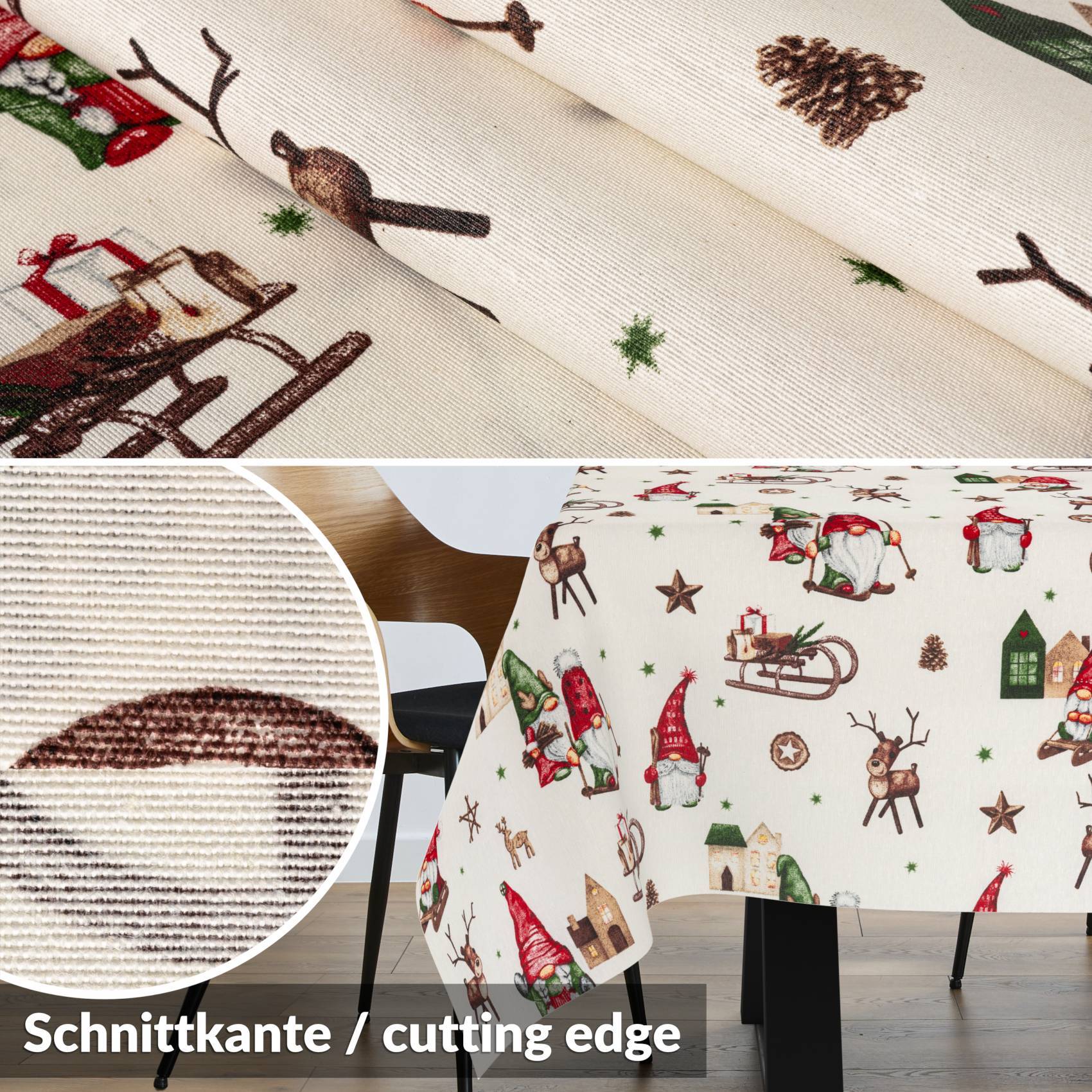 Weihnachtstischtuch mit Zwerg-, Rentier- und Tannenzapfenmuster; Detailansicht kennzeichnet die Stoffkante als „Schnittkante / cutting edge