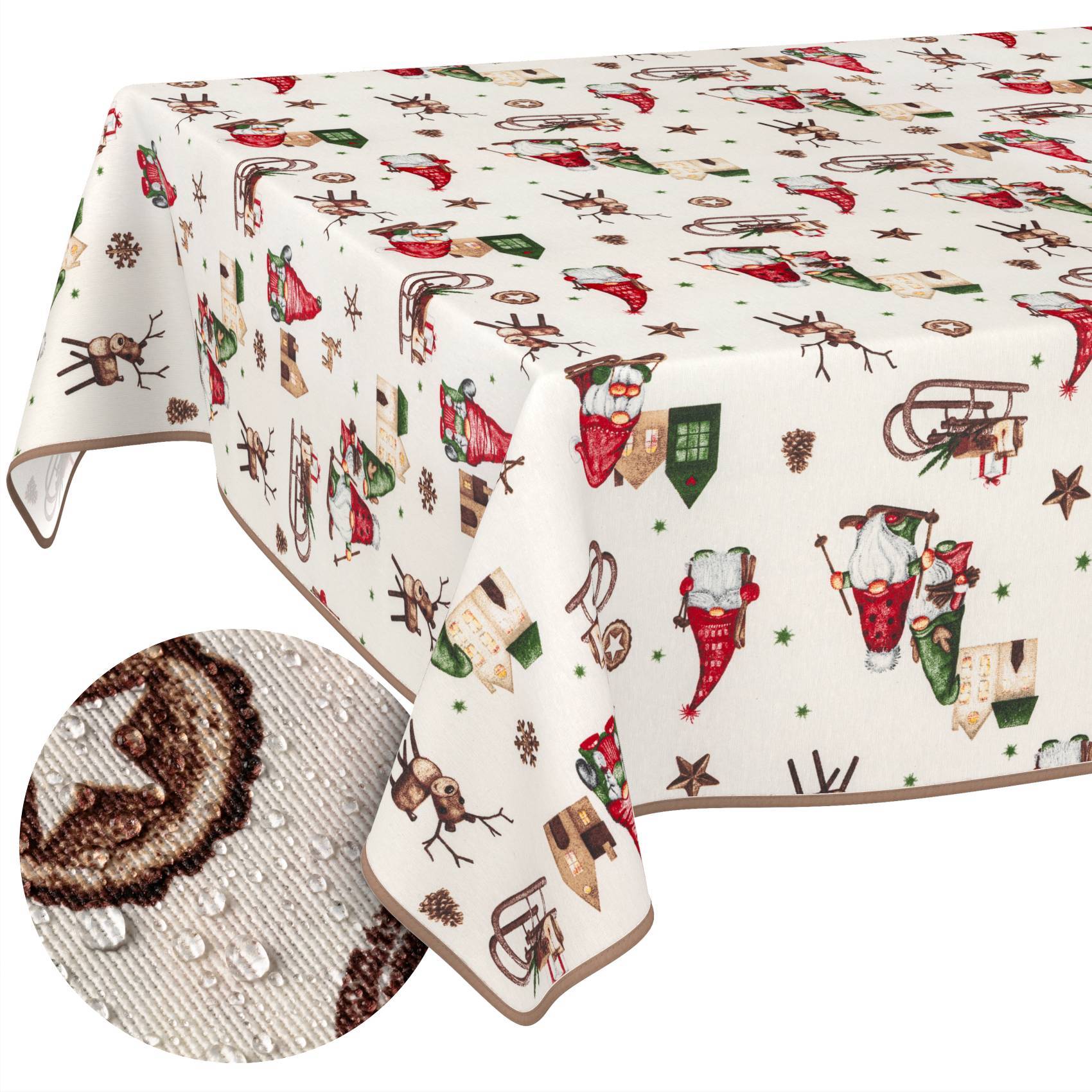 Weihnachtstischtuch mit gedruckten Weihnachtsmützen, Rentieren, Zuckerstangen, Sternen und Christbaumkugeln; Nahaufnahme-Einsatz zeigt eine wasserfeste, strukturierte Stoffoberfläche.
