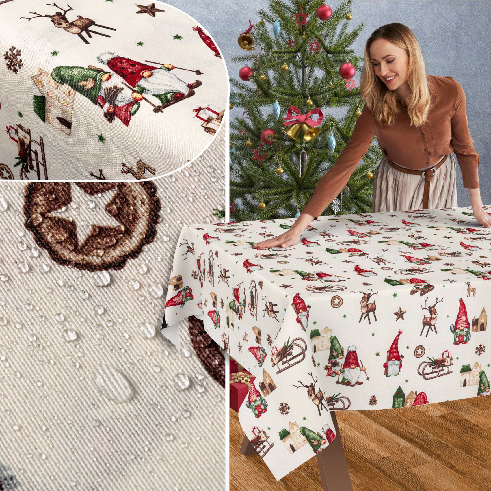 Frau beim Arrangieren einer Weihnachtstischdecke mit Gartenzwergen, Rentieren und Weihnachtsdekorationen neben einem geschmückten Baum; Nahaufnahmen zeigen das festliche Stoffmuster und die strukturierte Webung.