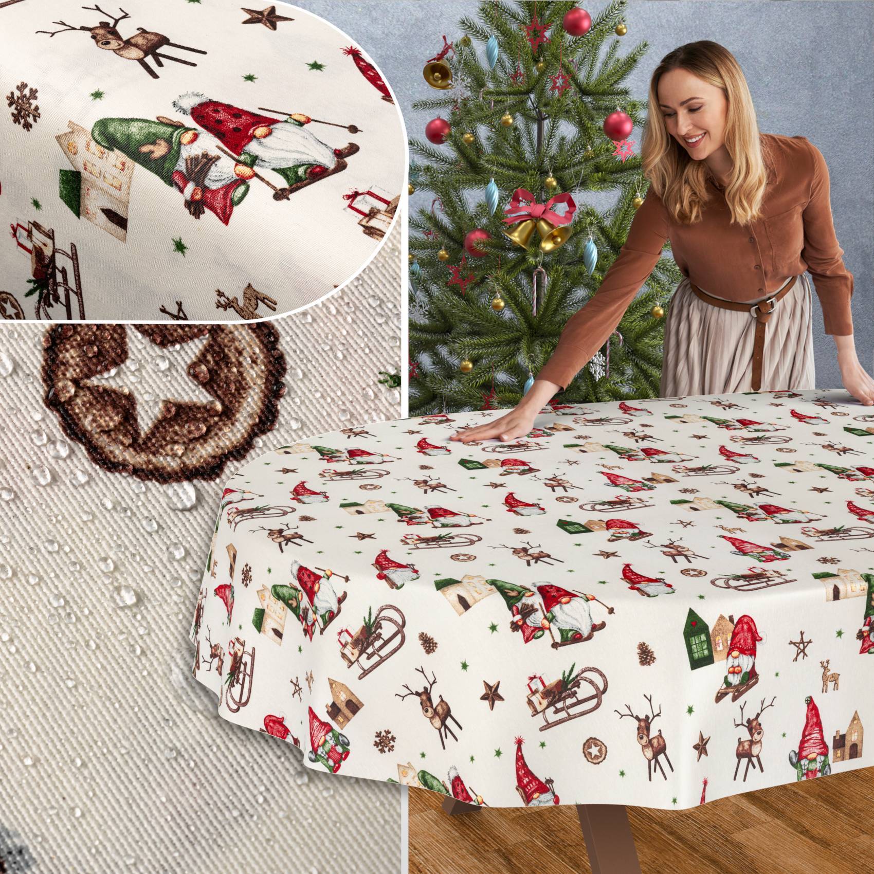 Frau glättet eine Weihnachtstischtuch mit Weihnachtsmann-, Schlitten- und Rentier-Druck neben einem geschmückten Weihnachtsbaum.