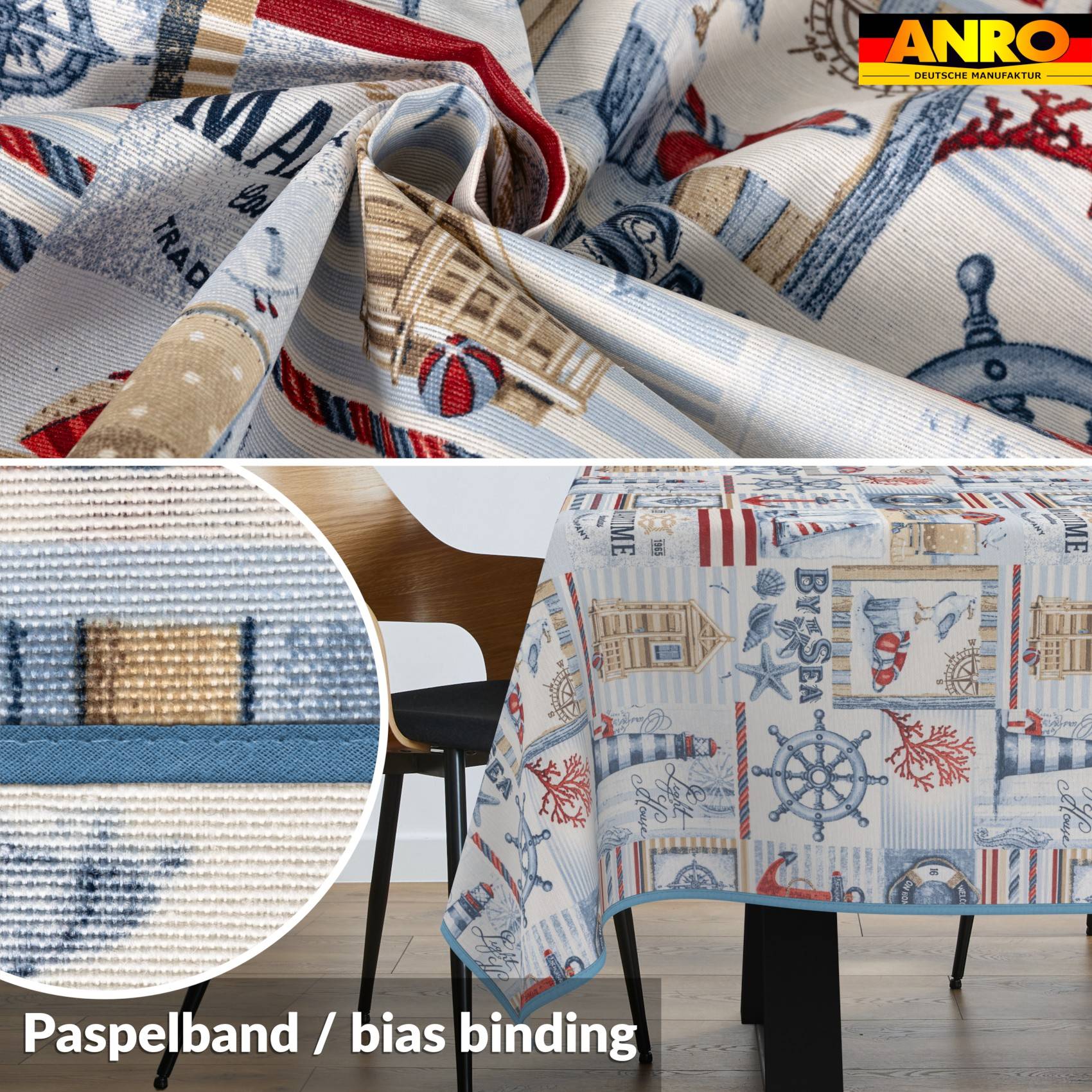Collage zeigt Stoff mit Nautik-Muster und eine Nahaufnahme von gestreiftem Schrägband, mit der Beschriftung „Paspelband / Schrägband" auf dem Bild.