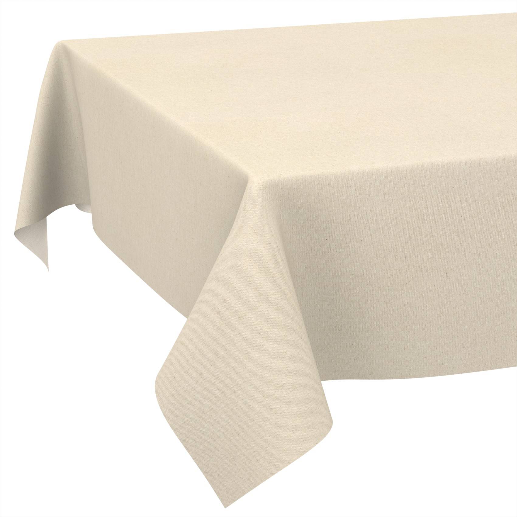 Beige Tischtuch über einem rechteckigen Tisch drapiert, wobei zwei Ecken herunterhängen.