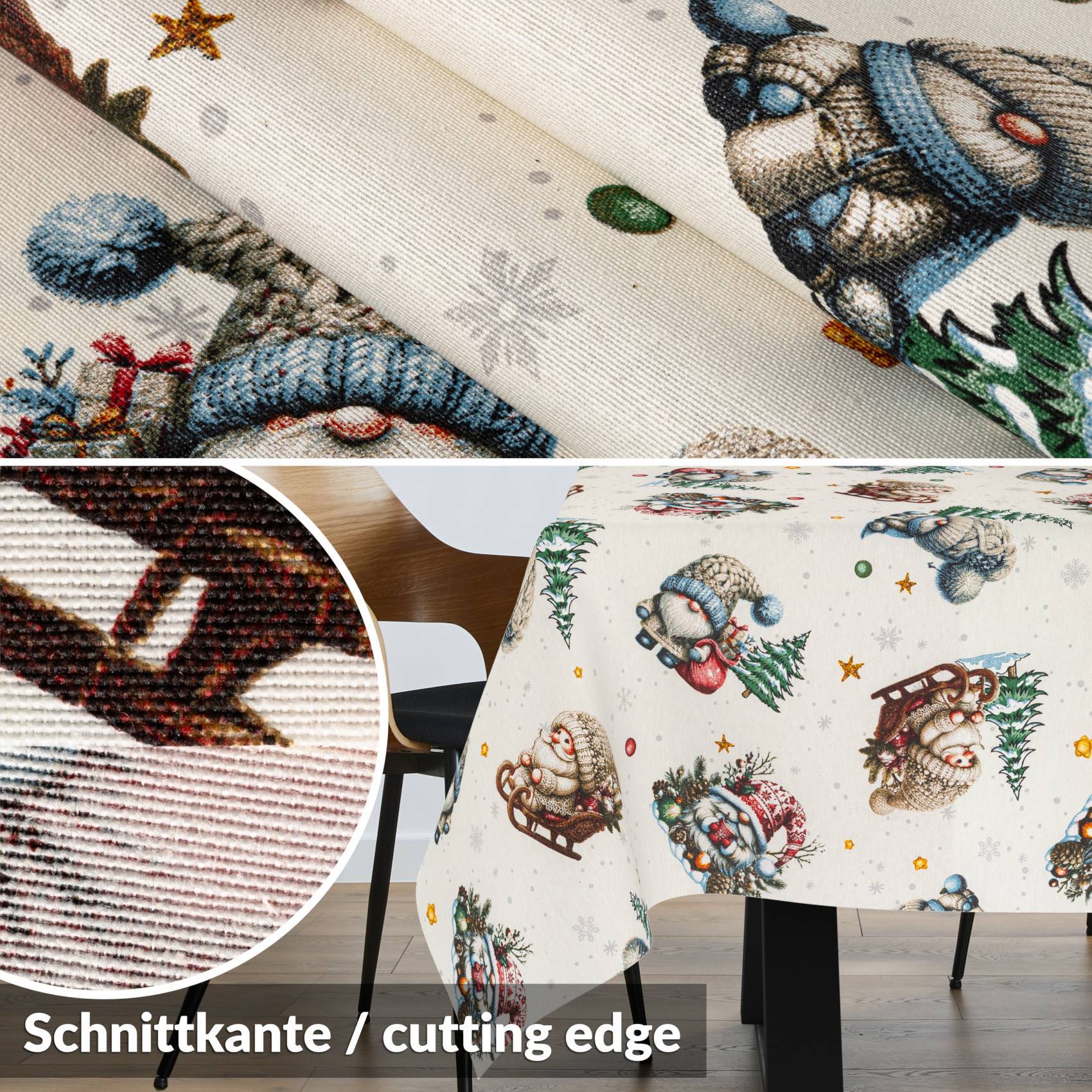 Weihnachtlich bedruckter Tischdeckenstoff mit gedruckten Schneemännern und Bäumen, gezeigt in Nahaufnahme und auf einem Tisch; die Einlage hebt die 