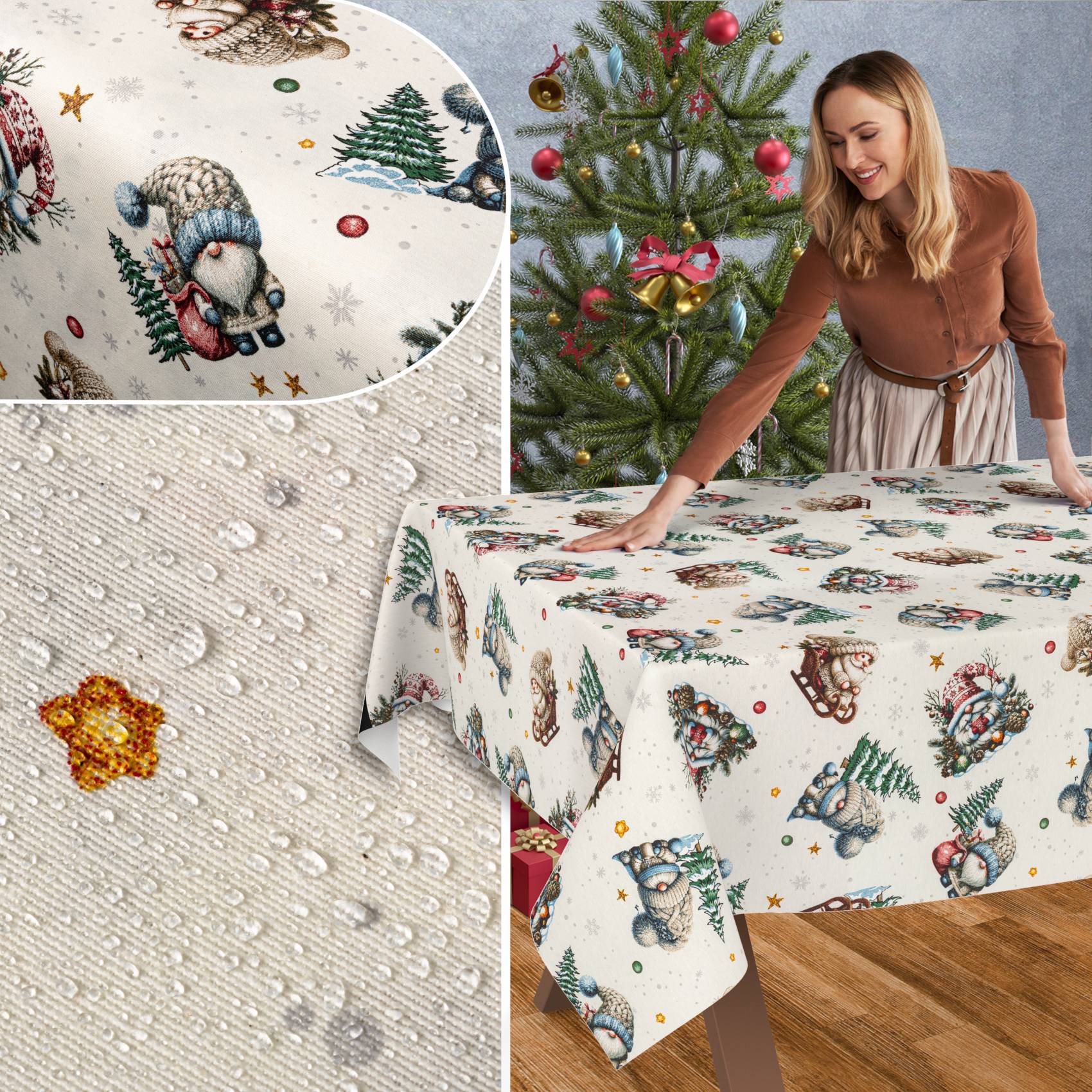 Collage zeigt eine Frau, die eine weihnachtlich gestaltete Tischdecke mit Zwergen und Bäumen arrangiert, sowie eine Nahaufnahme des strukturierten cremefarbenen Stoffes mit einem kleinen goldenen Schneeflocken-Muster.