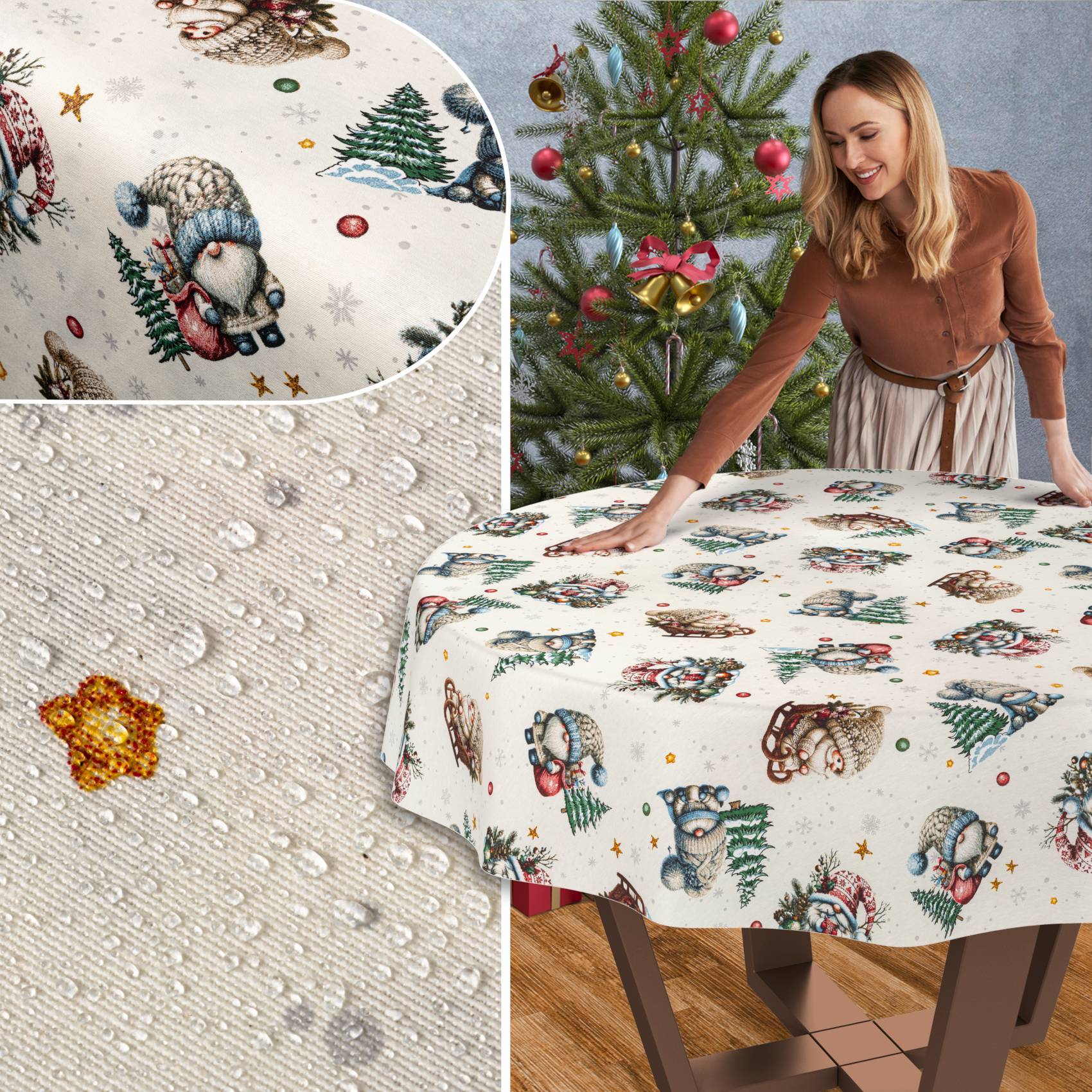 Frau glättet eine weiße weihnachtlich gestaltete Tischdecke mit Zwerg- und Baum-Illustrationen auf einem Esstisch neben einem geschmückten Baum.