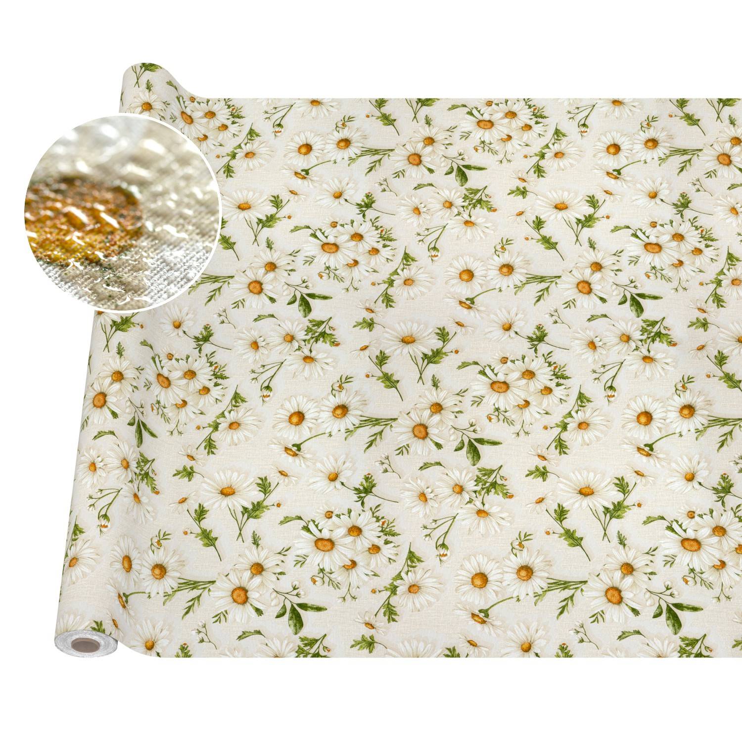 Rolle weiße Blumentapete mit kleinen Gänseblümchen und grünen Stielen; eingefügter Nahbereich zeigt strukturierte, leicht metallische Oberflächendetails.