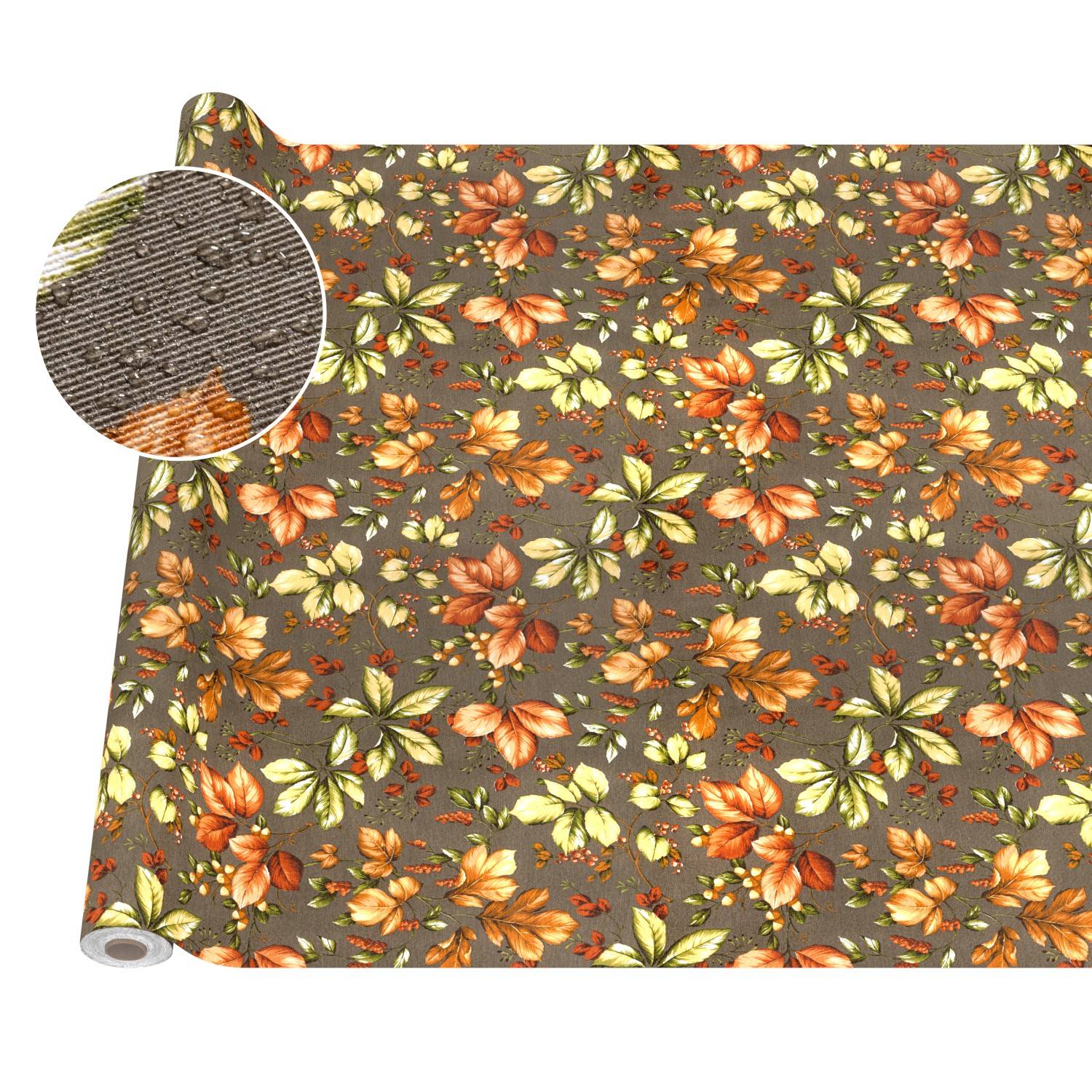 Rolle braun gemusterter Blumentapete mit orangefarbenen und cremefarbenen Blättern, teilweise aufgerollt dargestellt mit einer Nahaufnahme des strukturierten Oberflächendetails.