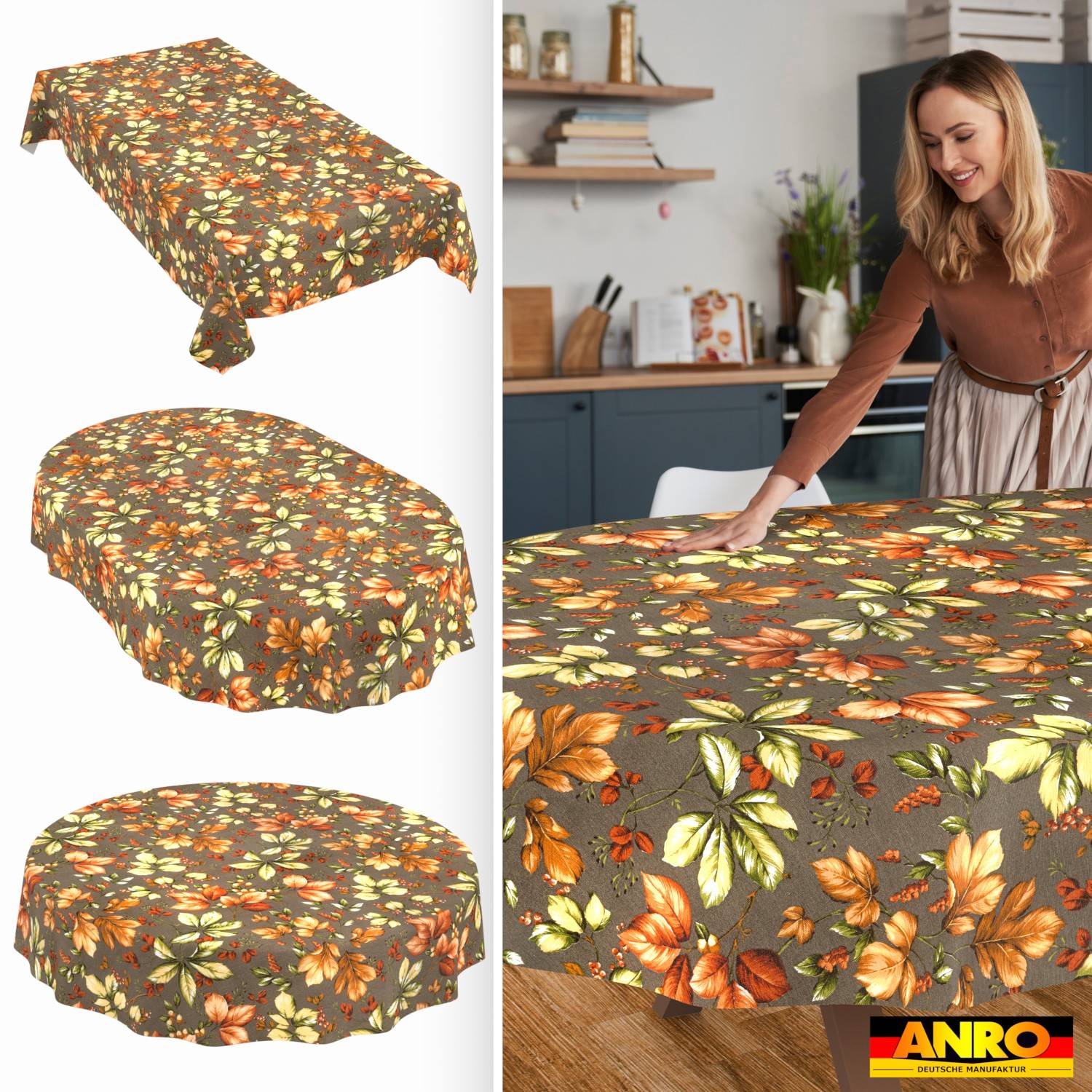Frau glättet eine Tischdecke mit Blumenmuster über einen Esstisch; linke Paneele zeigen die Tischdecke auf rechteckigen und runden Tischen.