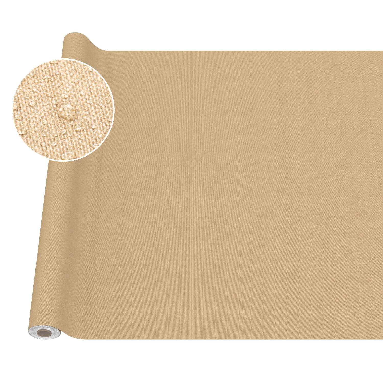 Rolle aus beigefarbenem strukturiertem Geschenkpapier mit einer Nahaufnahme, die das Webflächenmuster zeigt.
