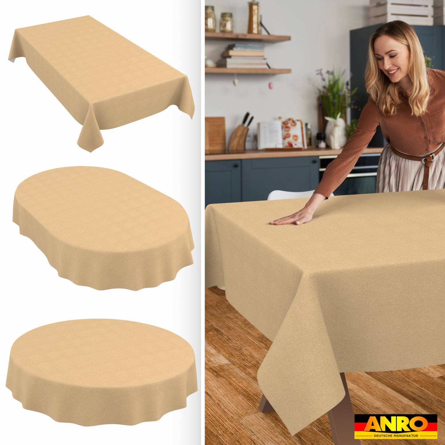 Collage zeigt beige Tischtücher für rechteckige, ovale und runde Tische sowie eine Frau, die ein beiges Tuch über einen Esstisch in einer Küche glättet.