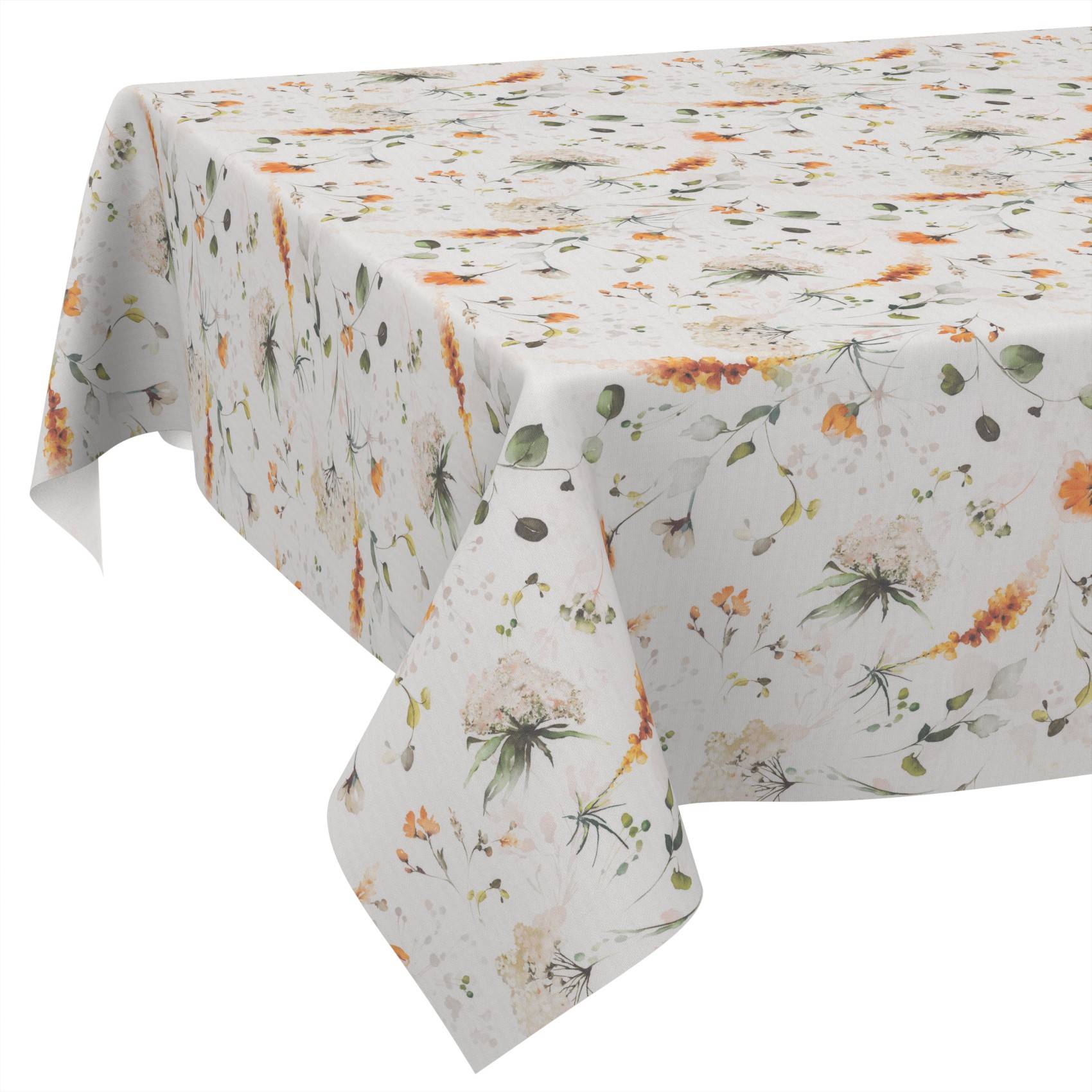 Weiße Tischdecke mit zartem Blumenmuster in Orange und Grün, über einem Tisch drapiert, dargestellt in einer produktstilisierten Fotografie.