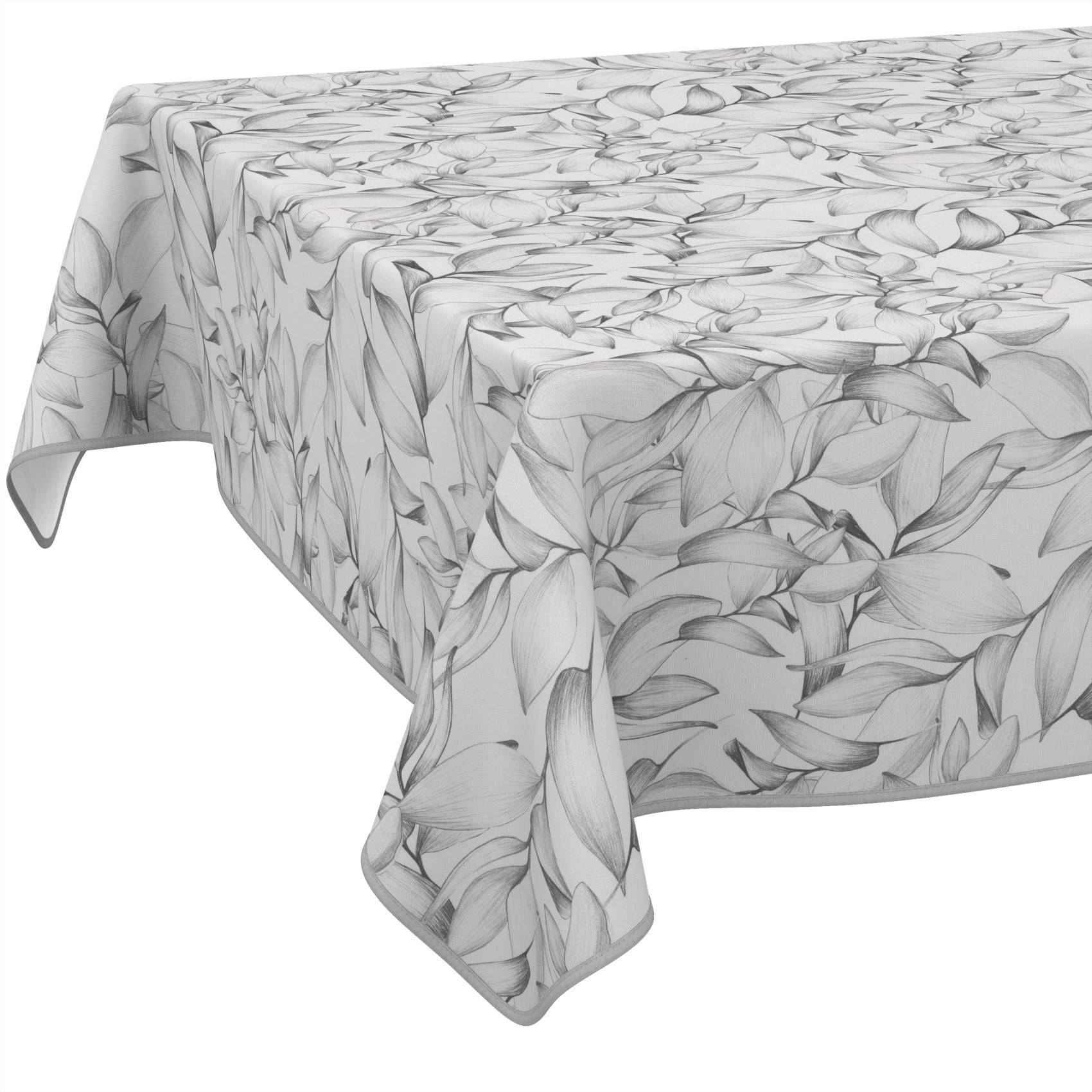 Weiße Tischdecke mit grauem Blattmuster, die über einen rechteckigen Tisch drapiert ist.