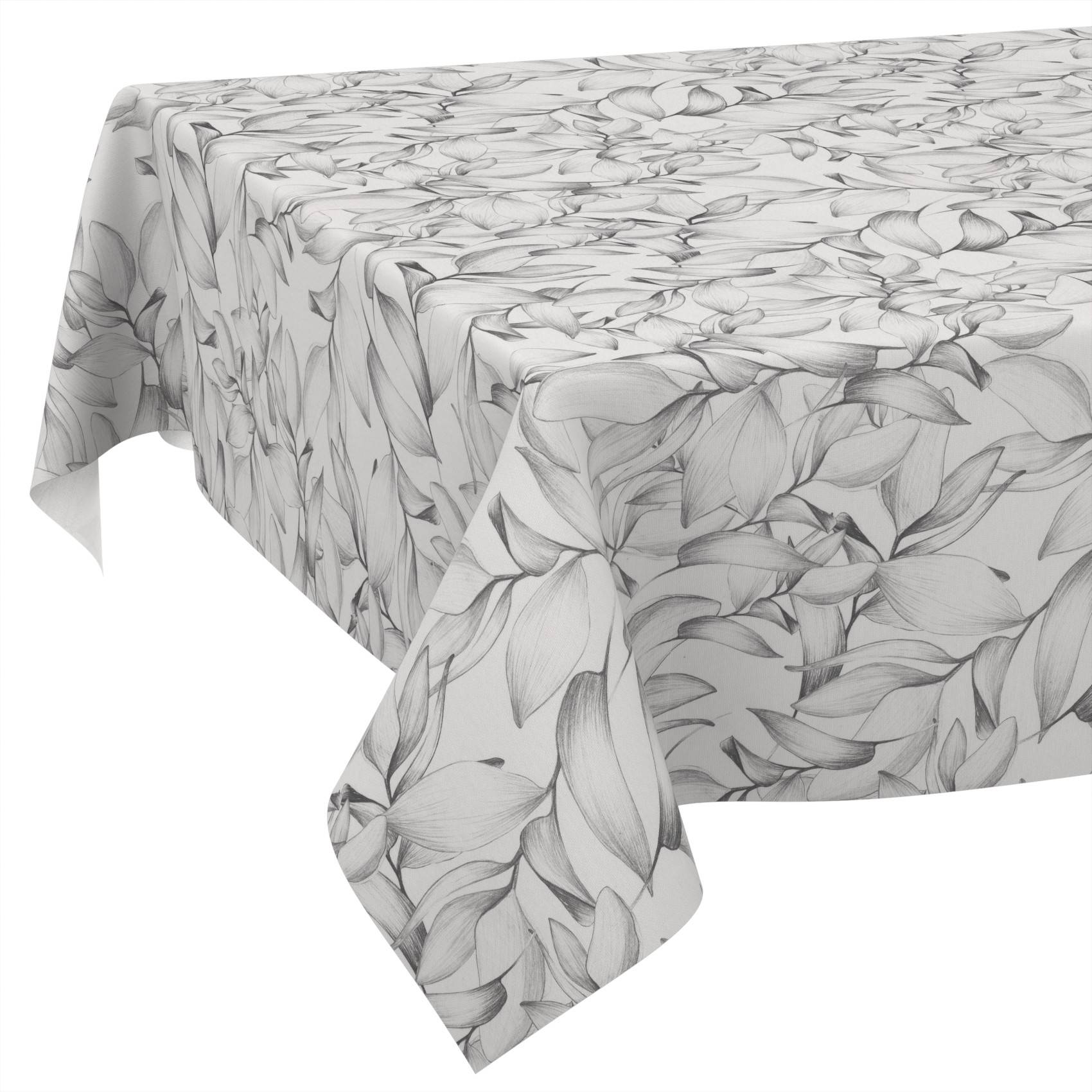 Rechteckige Tischdecke mit hellem grauem Blattmuster, über einen Tisch drapiert und an den Ecken herabhängend.