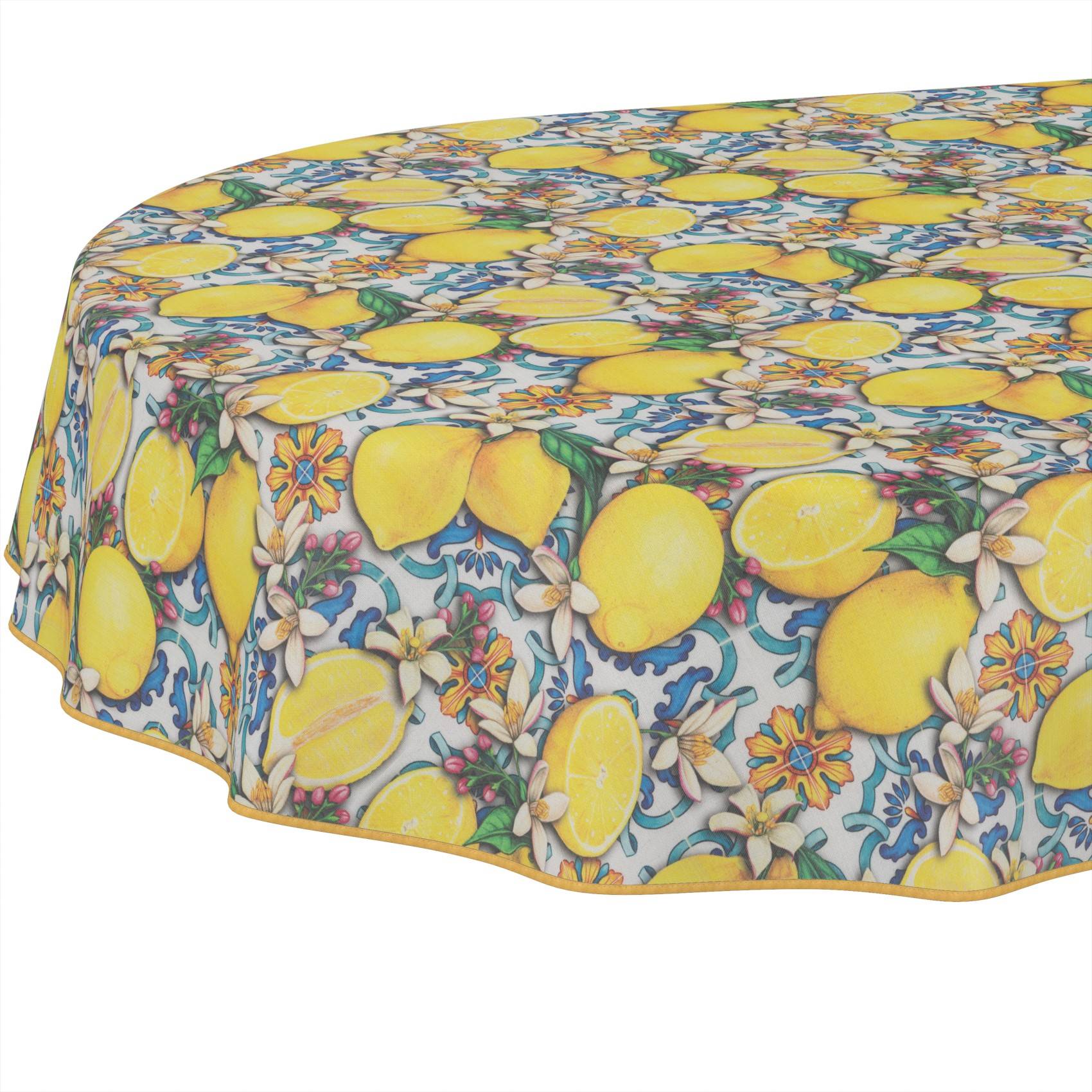 Runde Tischdecke mit leuchtendem Zitronenmuster und Blumenmotiven auf weißem Hintergrund.