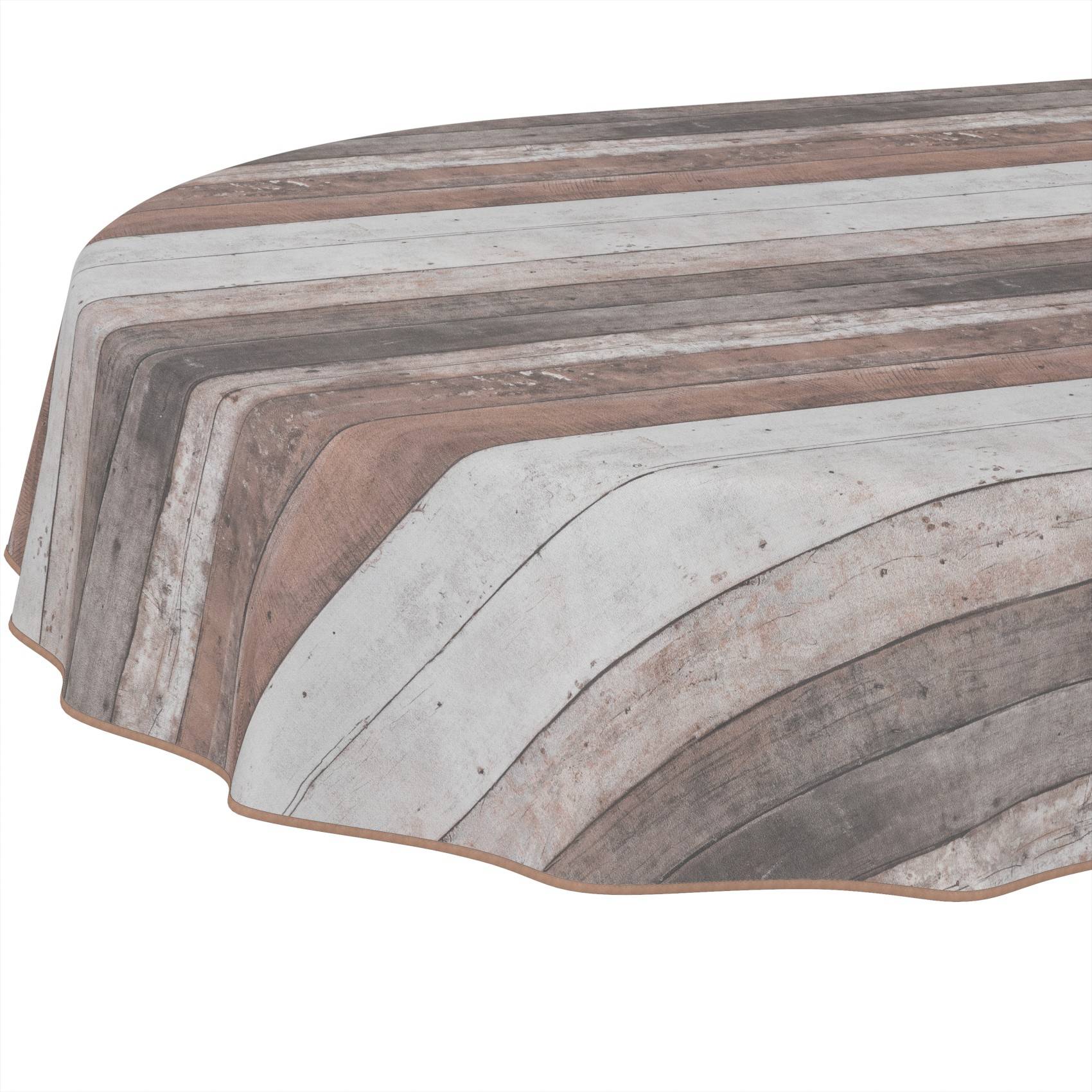 Rustikaler runder Tisch mit einer Patchwork-Holzmaserung in Grau-, Braun- und Weißtönen auf einem schlichten Hintergrund.
