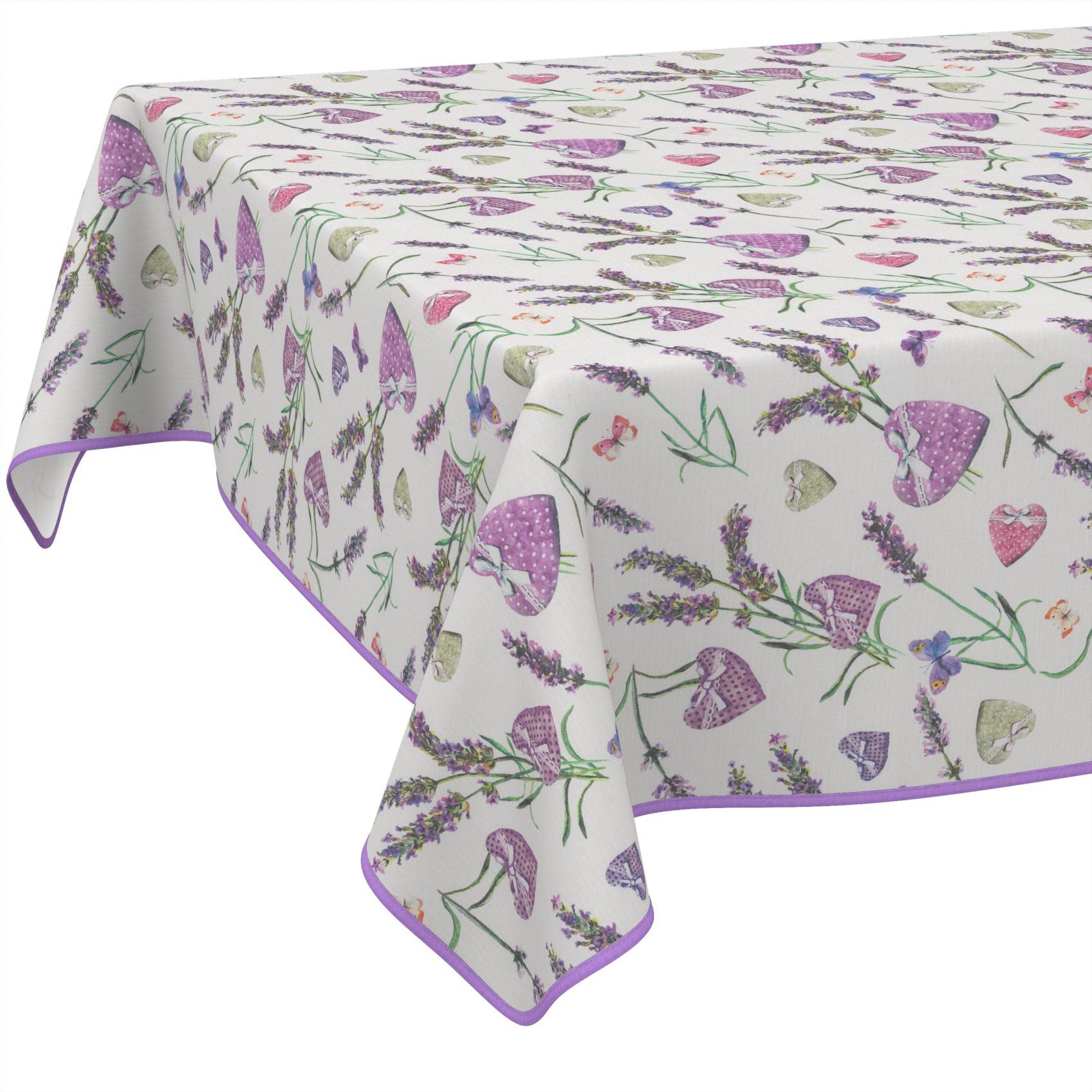 Weiße Tischdecke mit Lavendel- und Schmetterlingsblumenmuster sowie lila Rand, über einen Tisch drapiert.