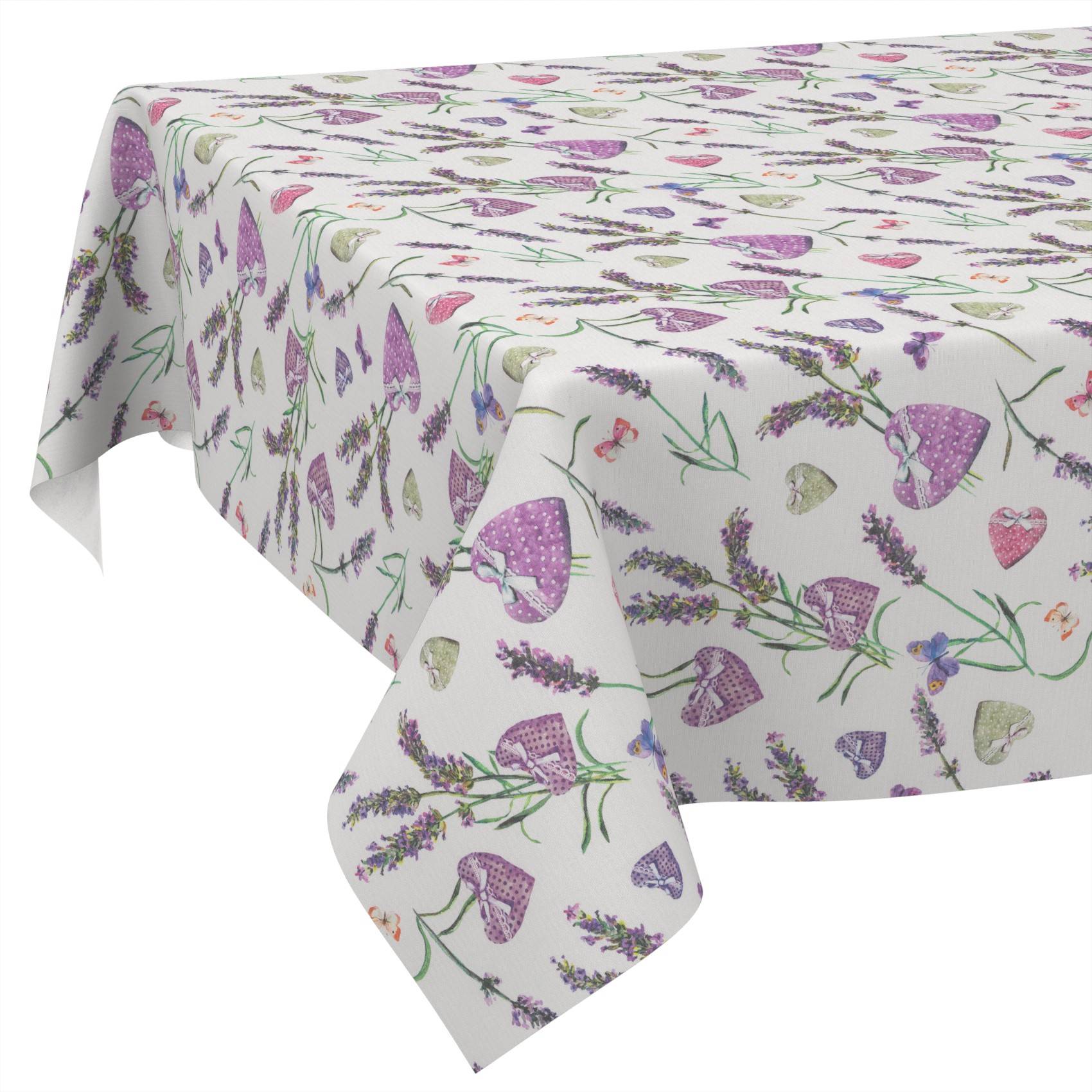 Weiße Tischdecke mit Lavendelzweigen und violetten Herzmotiven bedruckt, über einen Tisch drapiert