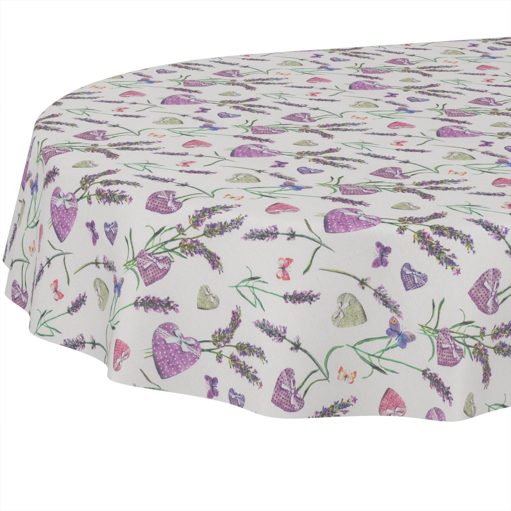 Runde Tischdecke mit einem Lavendel- und rosa Blumenherzenmuster auf weißem Grund.
