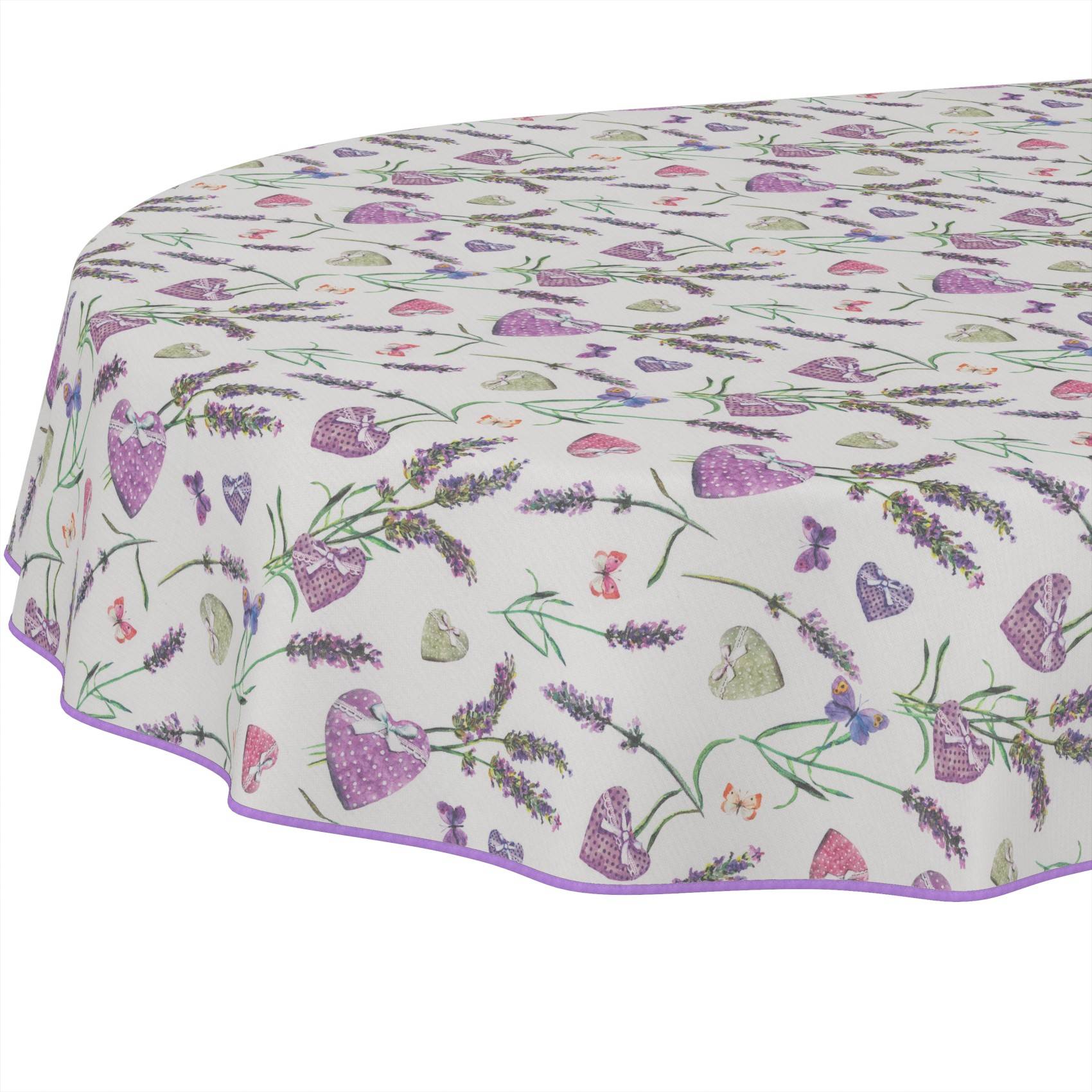 Runde Tischdecke mit einem Lavendelblüten- und Herzmuster sowie violettem Rand auf weißem Hintergrund.