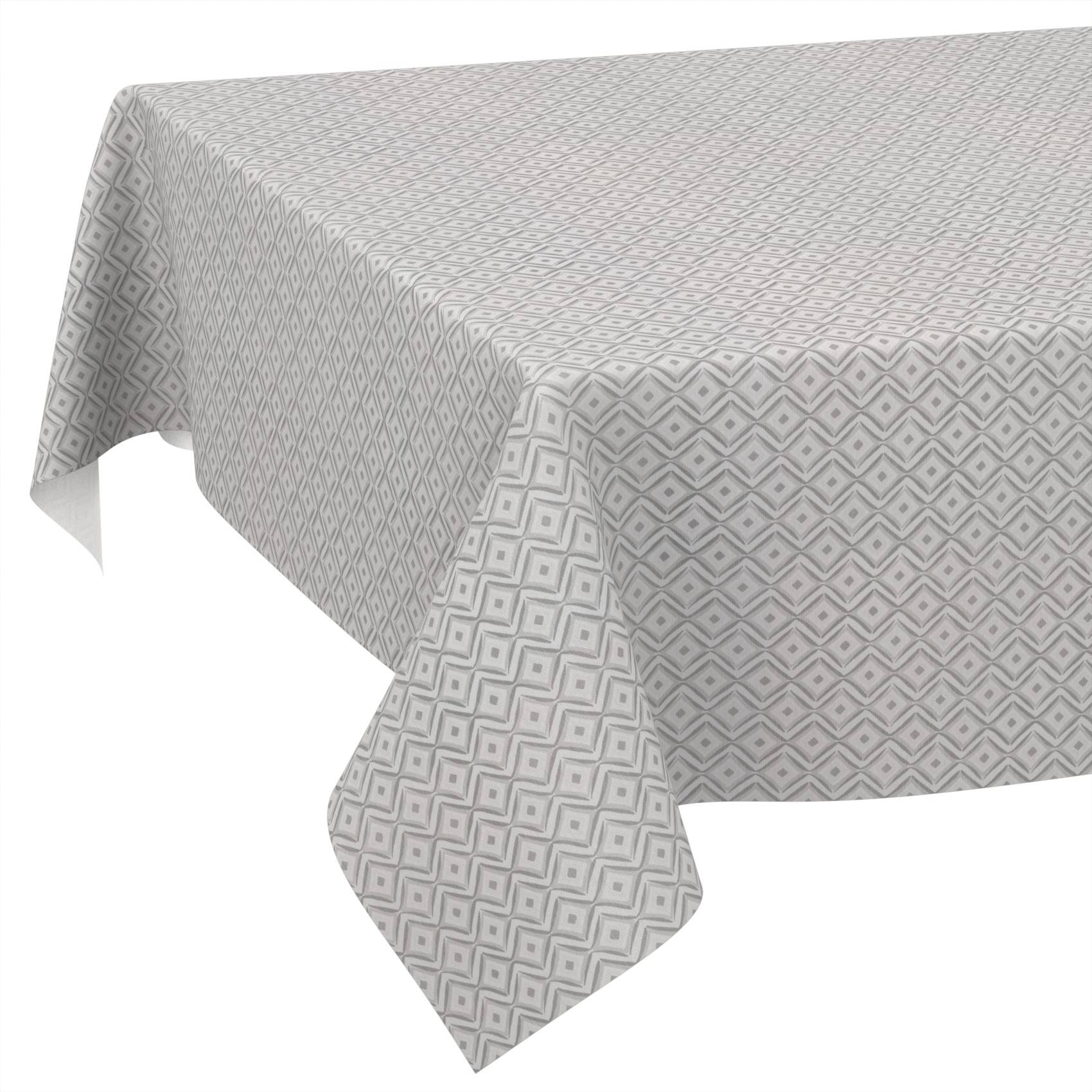 Graue gemusterte Tischdecke, die über einen rechteckigen Tisch drapiert ist, mit geometrischem Diamantmuster und herabhängenden Eckenfalten.