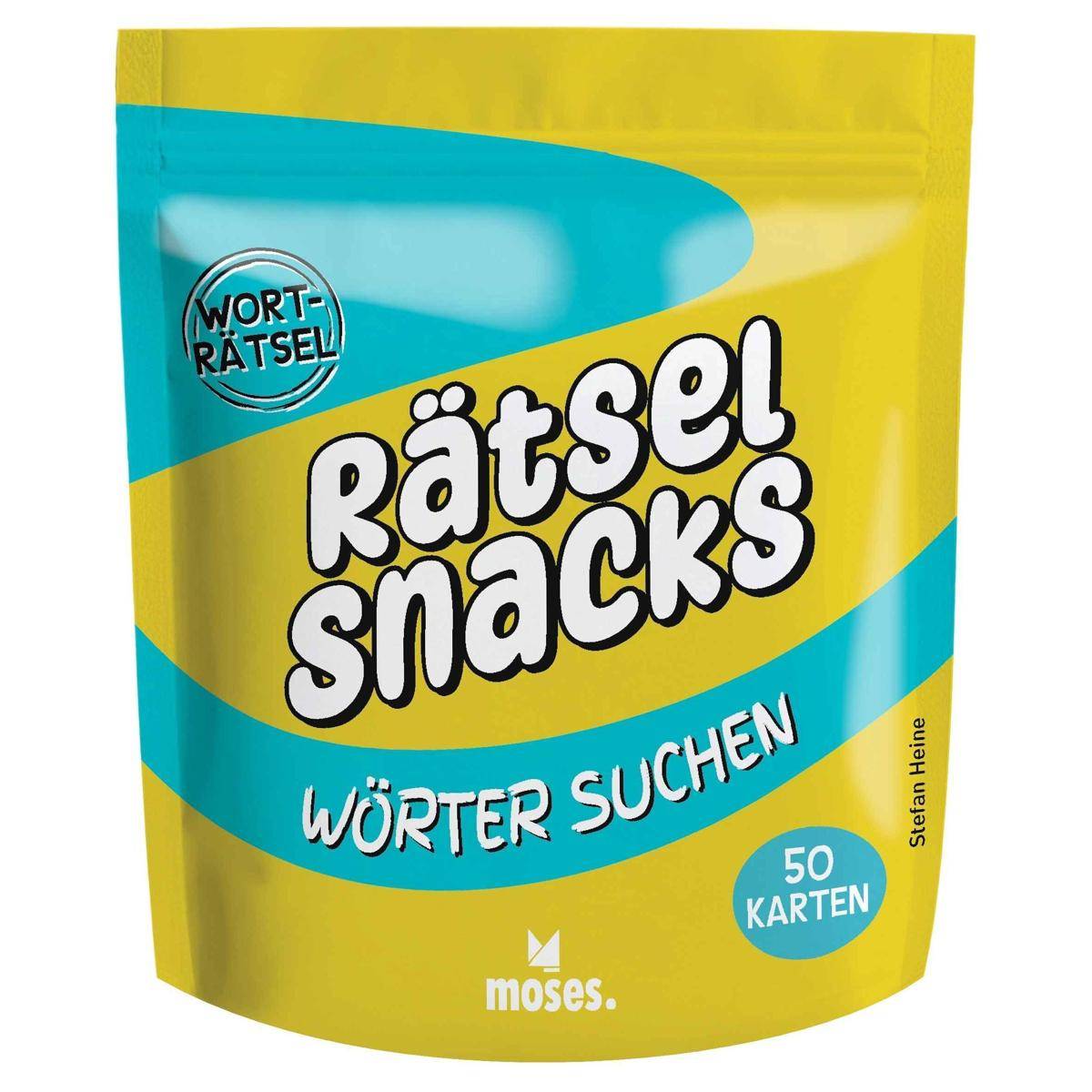 Gelb und türkis »Rätsel Snacks« Wortsuche-Kartenspielpaket mit »Wörter suchen« und »50 Karten« Text.