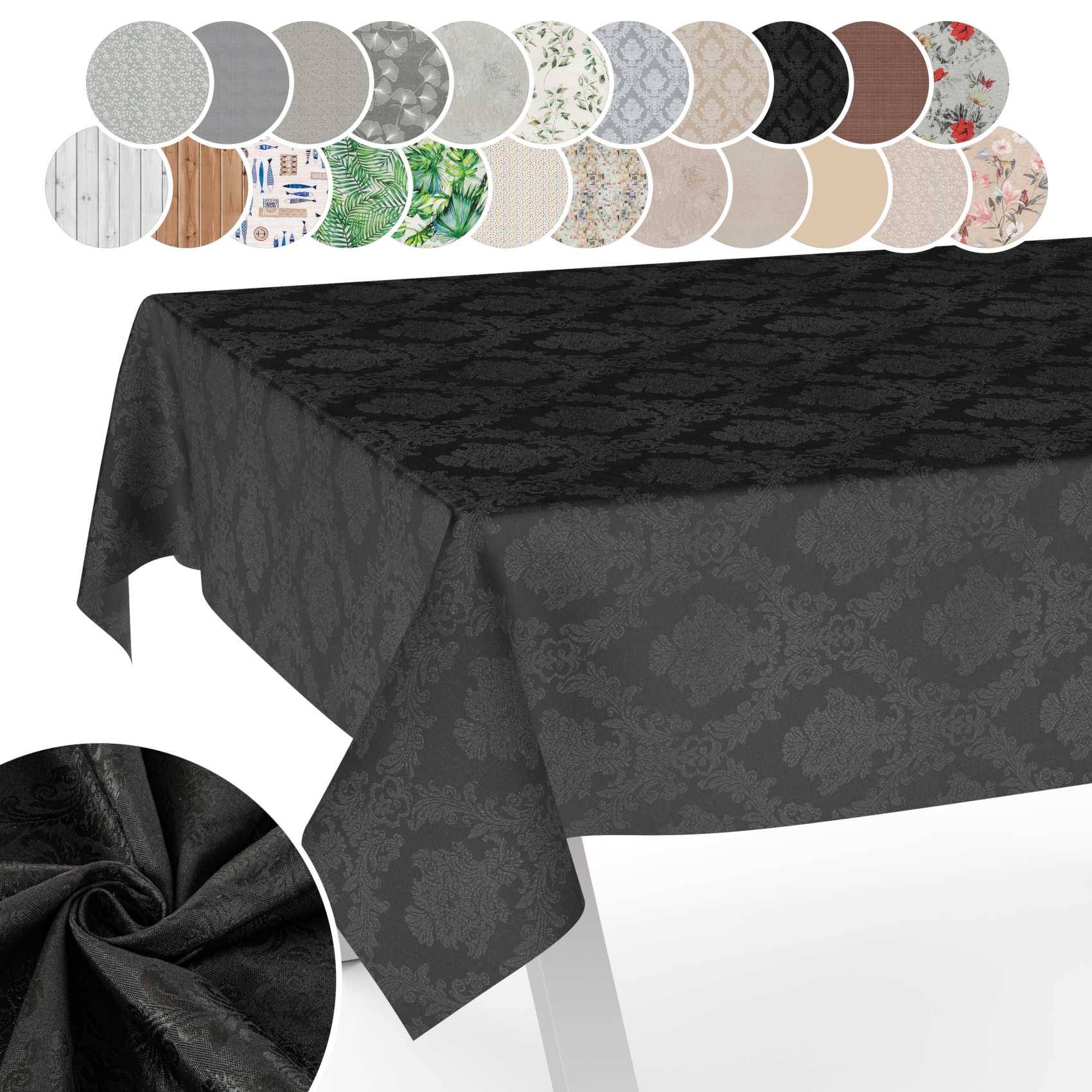 Schwarze Jacquard-Tischdecke, die über einem Tisch drapiert ist, gezeigt mit einer Musterkarte mit mehreren Farb- und Musteroptionen oben.