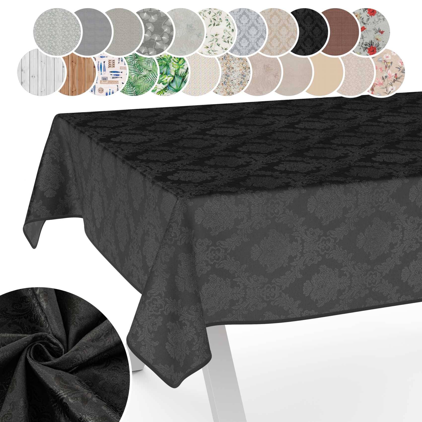 Schwarze Damast-Tischdecke, die über einem Tisch drapiert ist, mit Farbmustern darüber, die verfügbare Stoff- und Musteroptionen zeigen.
