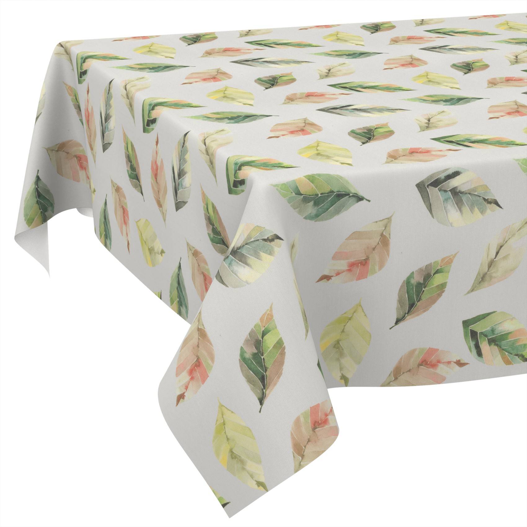Rechteckige Tischdecke mit weißem Hintergrund und Pastellblattmuster, über einen Tisch drapiert und über die Kanten hängend.