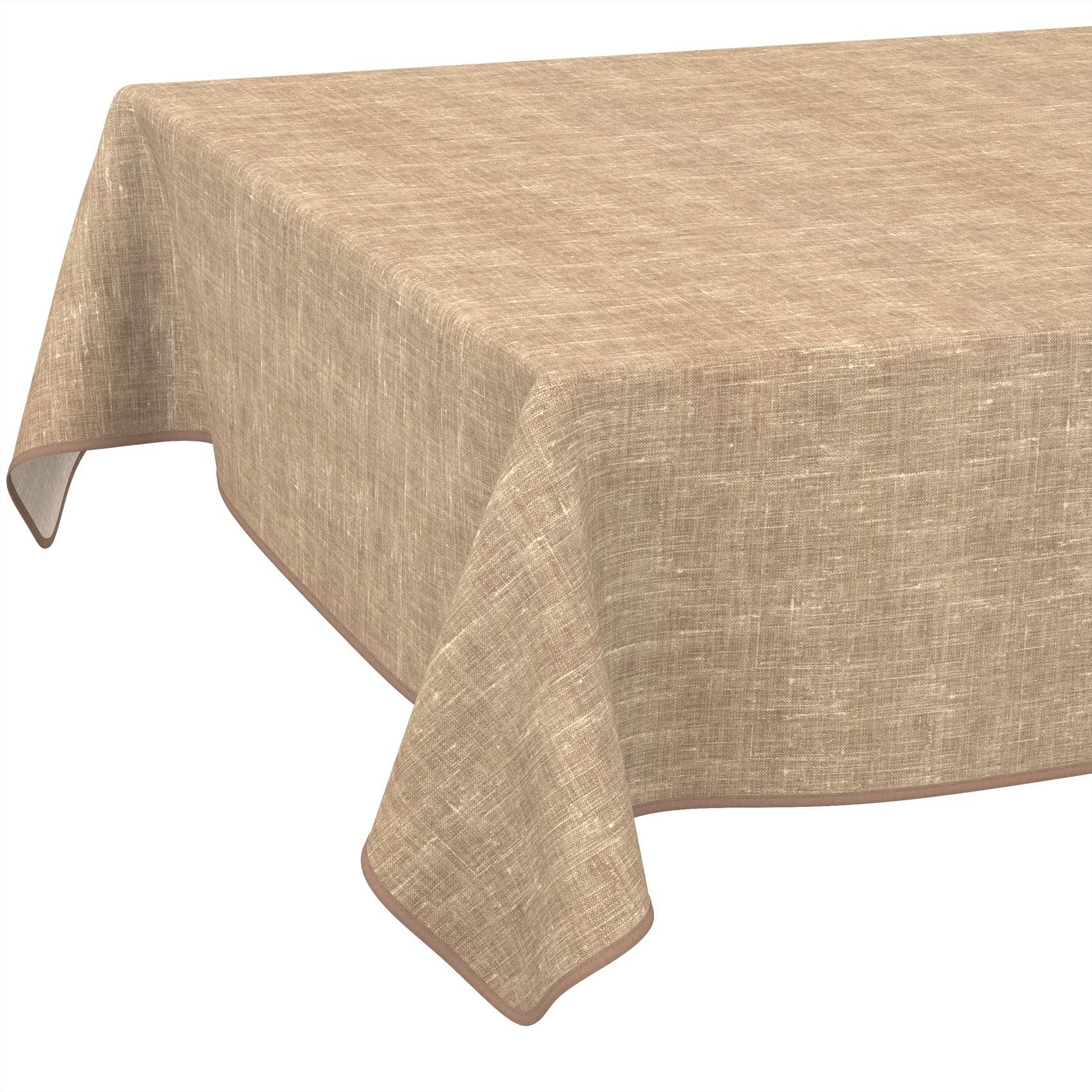 Beige strukturierte Tischdecke über einem rechteckigen Tisch drapiert, vor weißem Hintergrund gezeigt.