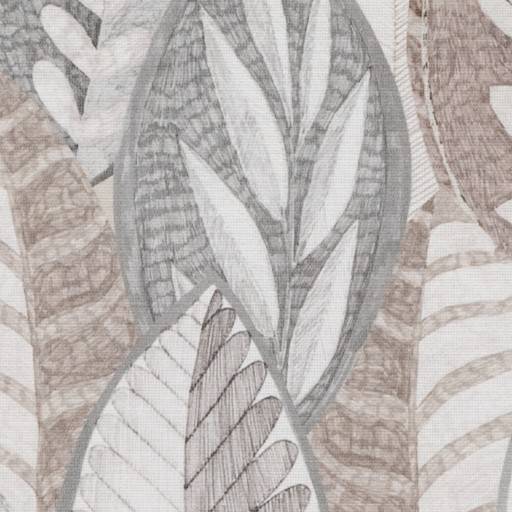 Abstraktes botanisches Muster aus sich überlappenden Blättern in gedämpften Grau-, Beige- und Weißtönen.