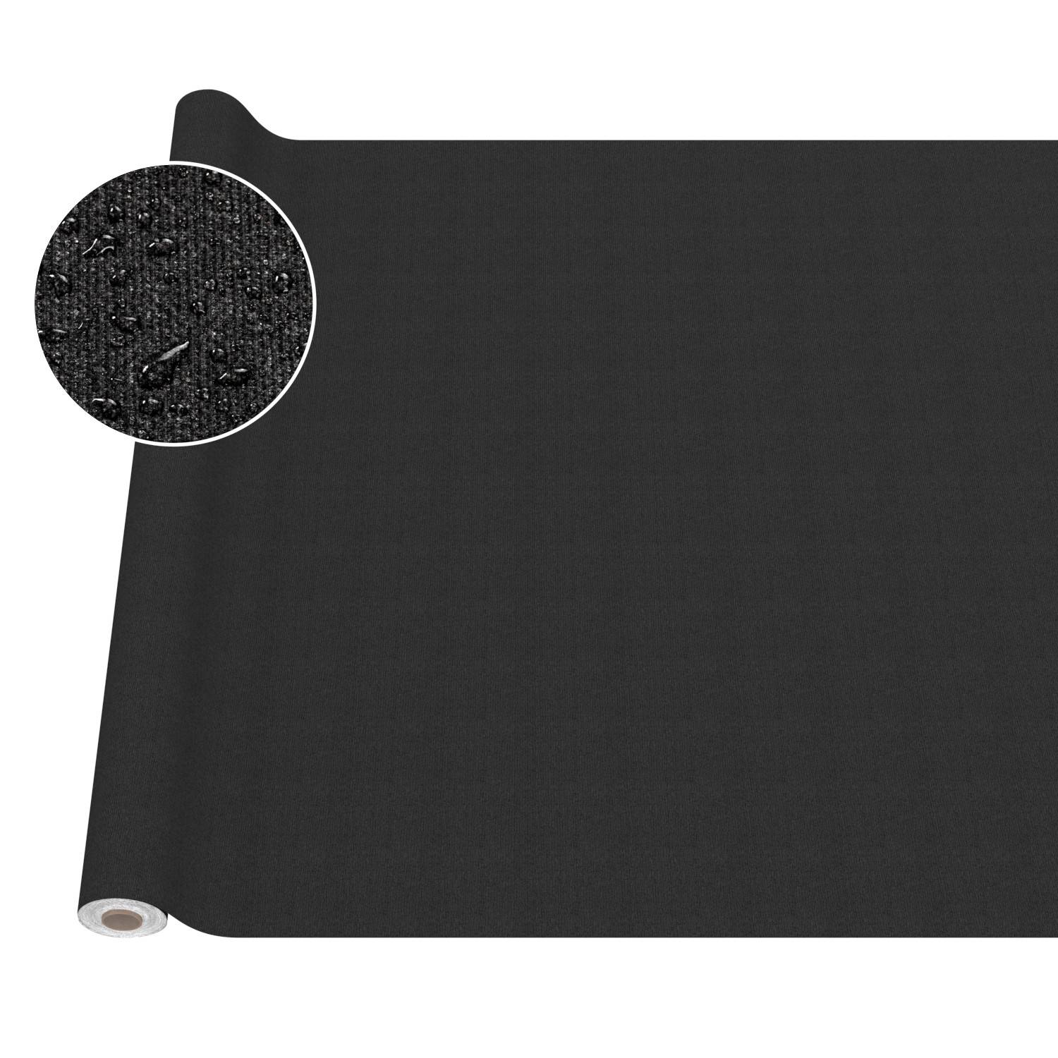 Schwarze texturierte Blattmaterialrolle mit einer vergrößerten Nahaufnahme, die eine raue, wasserbeständige Oberfläche zeigt.