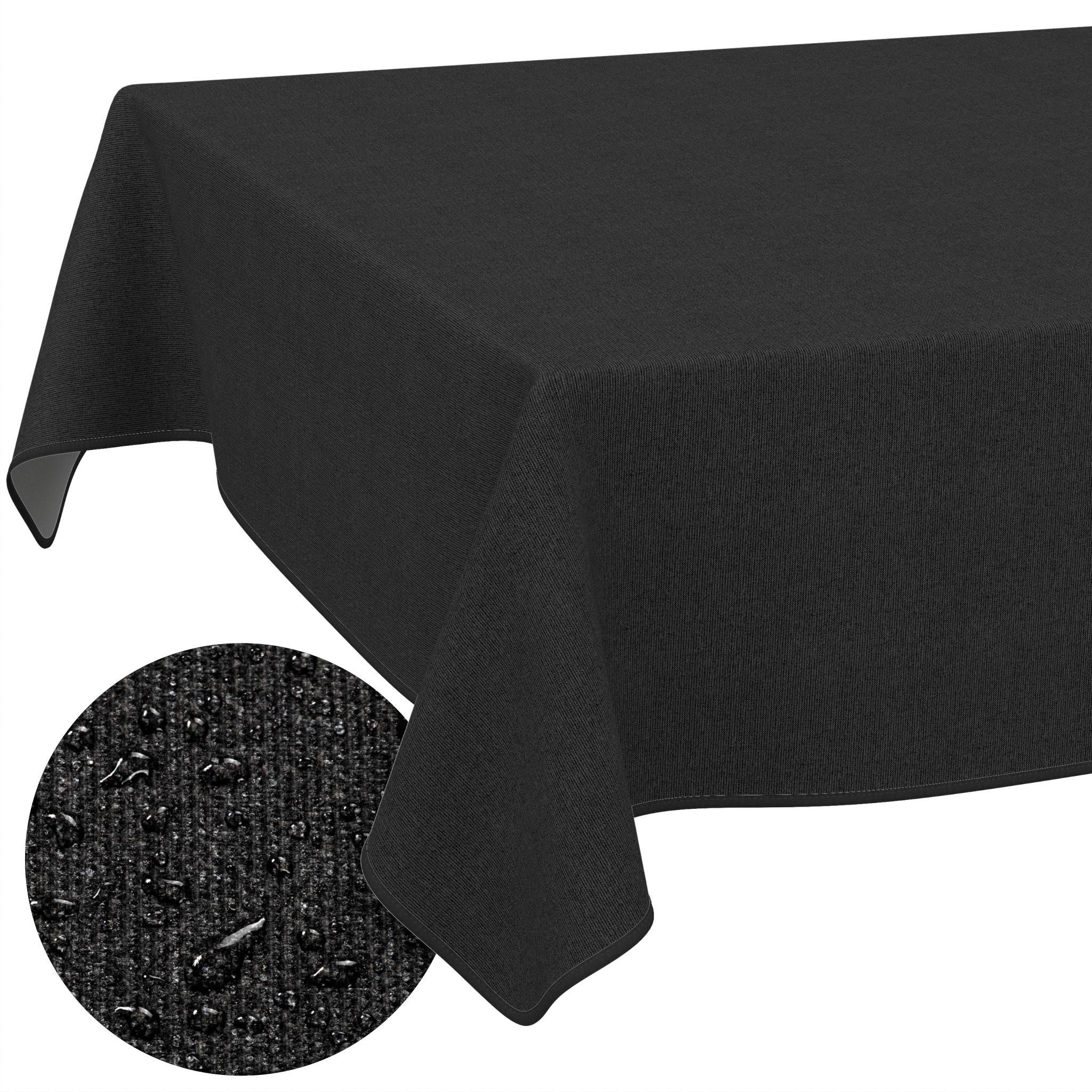 Schwarze Tischdecke oder Stoff mit wasserdichter Oberfläche, über eine Tischkante drapiert dargestellt, mit vergrößertem Ausschnitt, der strukturiertes Material und Wassertropfen hervorhebt.