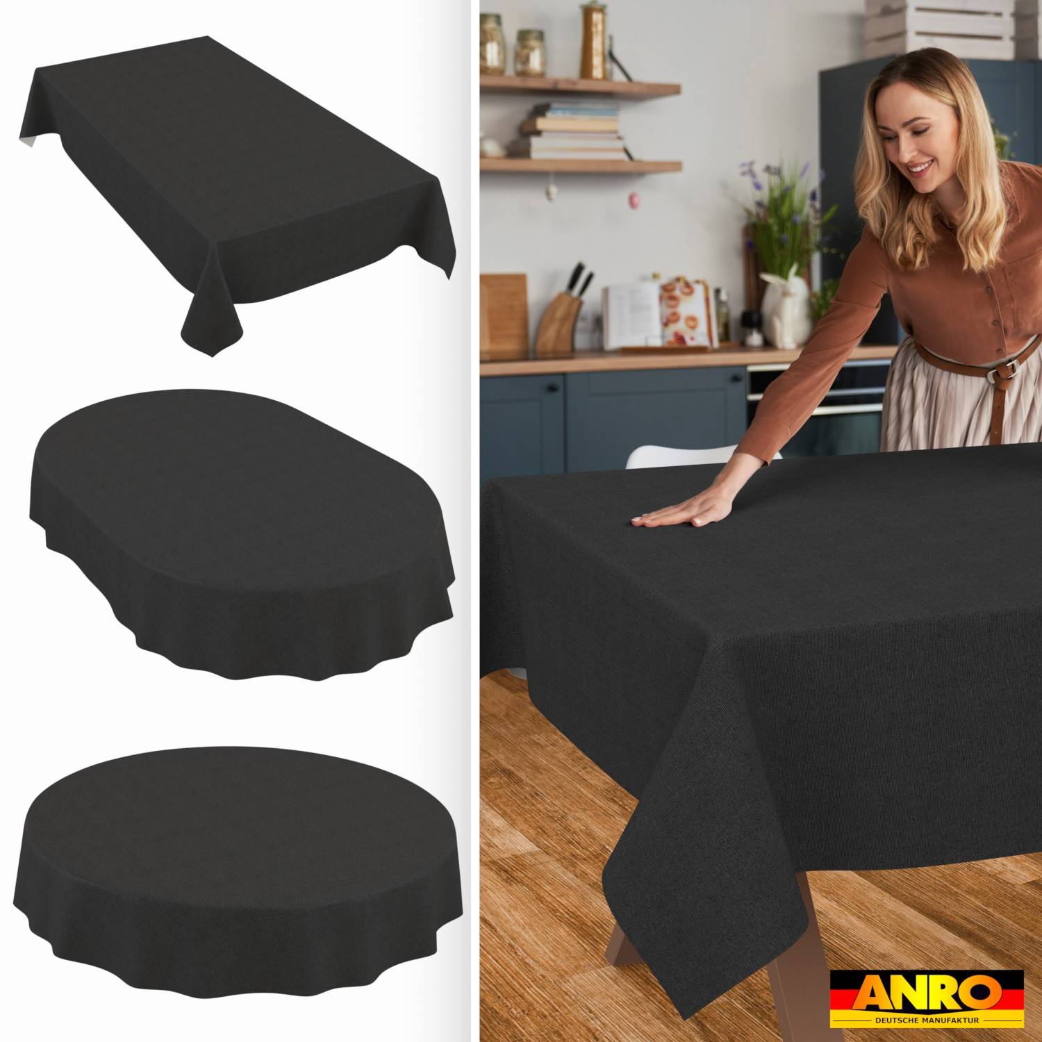 Schwarze Tischdecken in drei Tischformen gezeigt, mit einer Frau, die ein schwarzes Tuch über einen Tisch in einem Küchen-Esszimmer glättet.