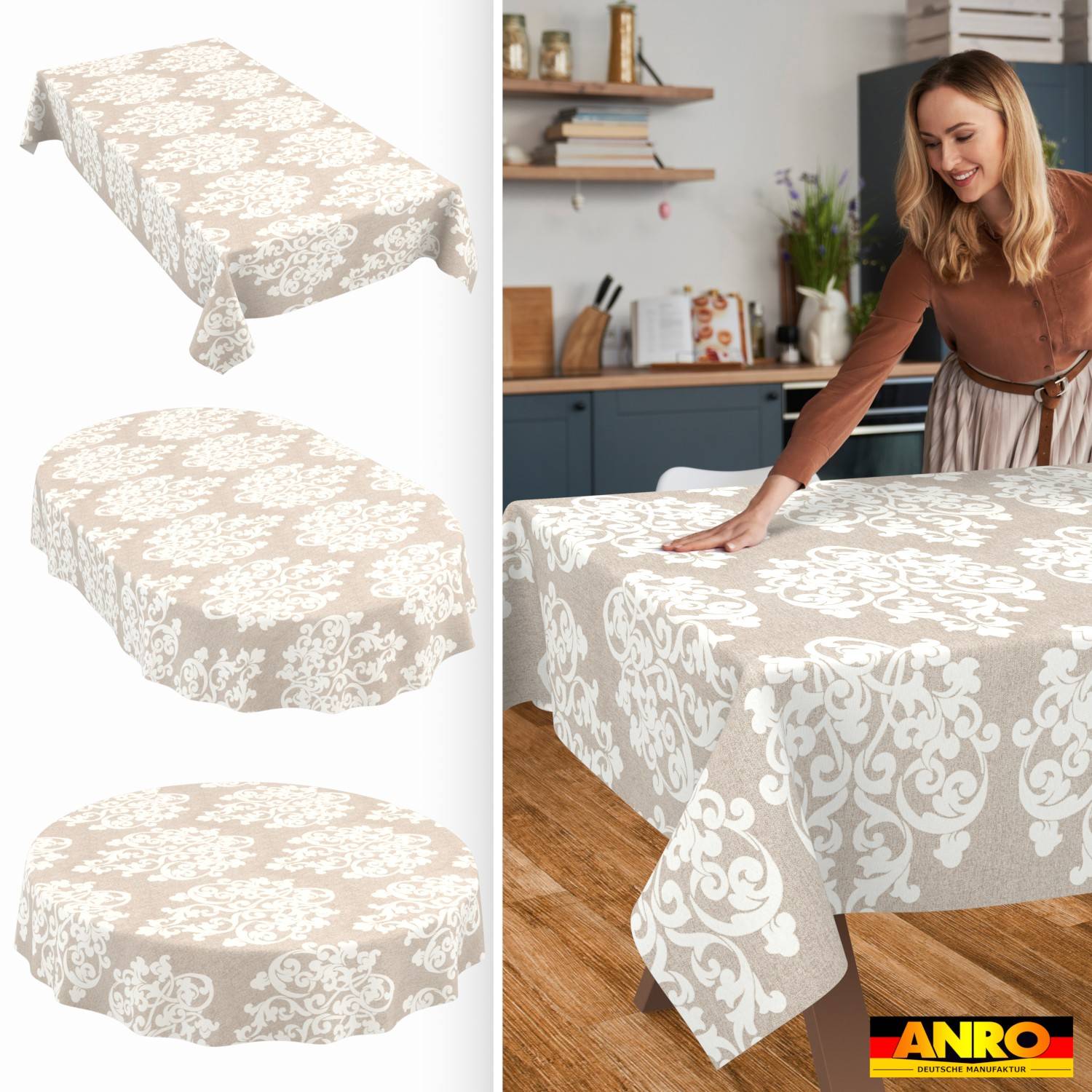 Geteiltes Bild, das eine beige gemusterte Tischdecke auf rechteckigen, ovalen und runden Tischen zeigt, und eine Frau, die sie über einem Esstisch in einer Küche glättet.