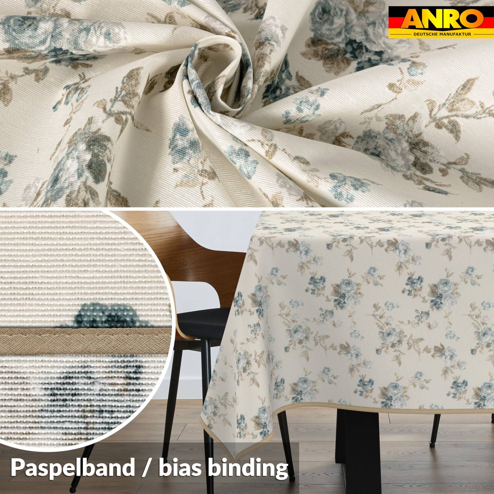 Tischdecke mit Blumenmuster, die über einen Tisch drapiert ist, mit eingefügter Nahaufnahme des Stoffkantenendetails „Paspelband / Schrägband".