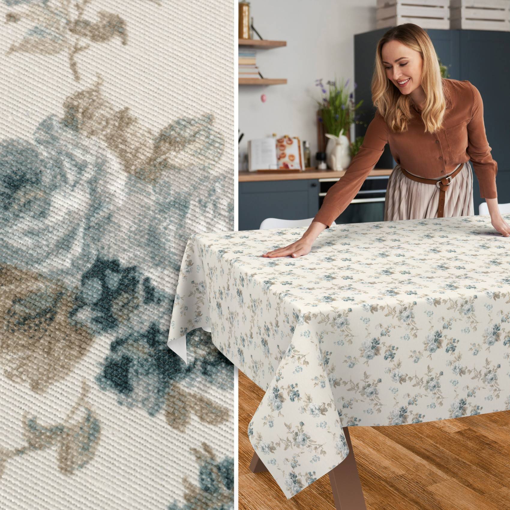 Frau glättet eine Blumendecke auf einem Esstisch, mit einer Nahaufnahme, die das blaue und beige Muster zeigt.