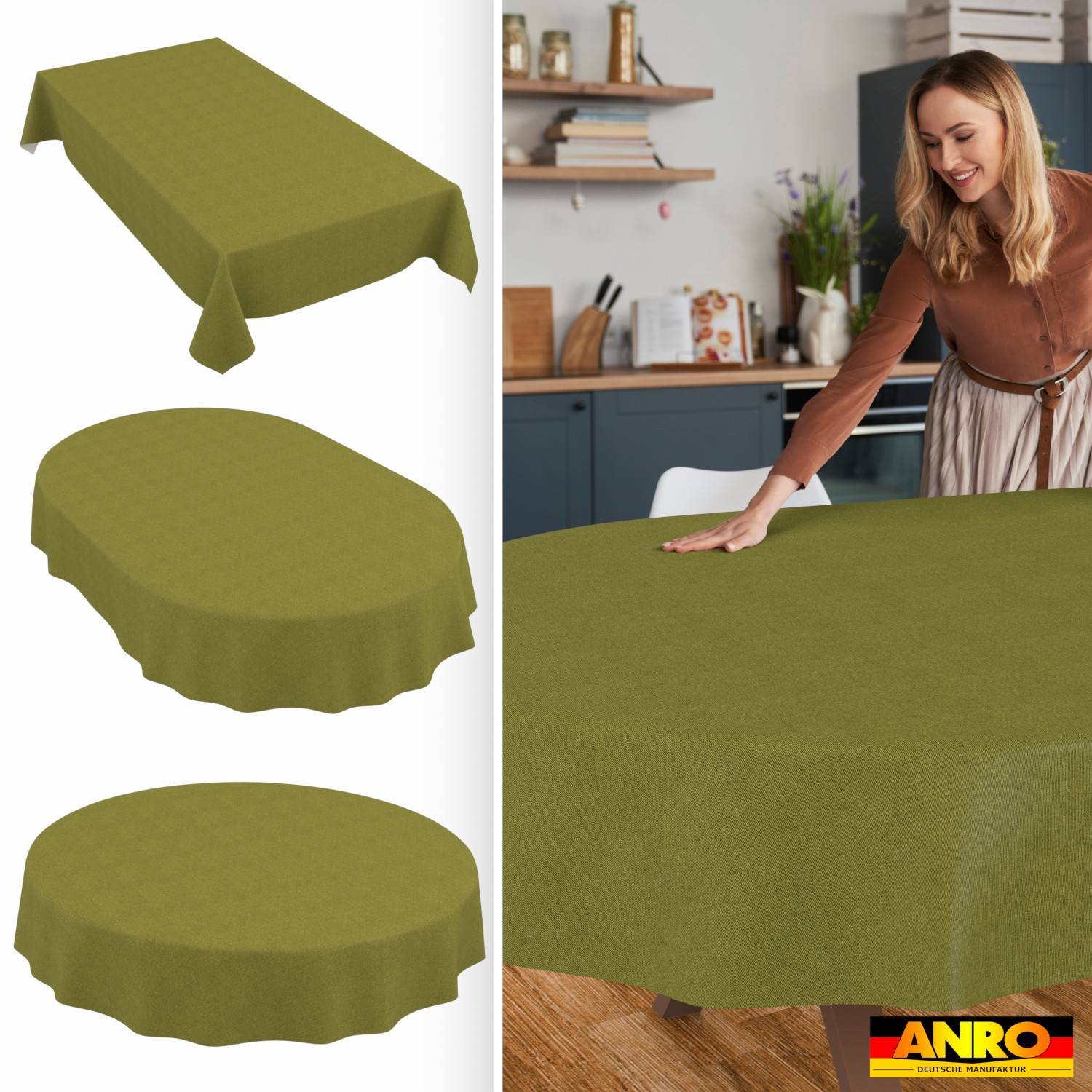 Frau, die eine olivgrüne Tischdecke auf einem Esstisch glättet; die Einblendung zeigt die Abdeckung, die auf runden und rechteckigen Tischen passt.