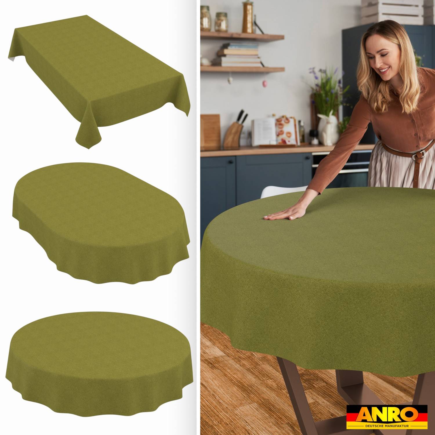 Geteiltes Bild, das eine olivgrüne runde Tischdecke auf einem Tisch zeigt und drei Produktansichten desselben Tuchs in verschiedenen Drapierungen; eine Frau glättet sie über einem Esstisch.