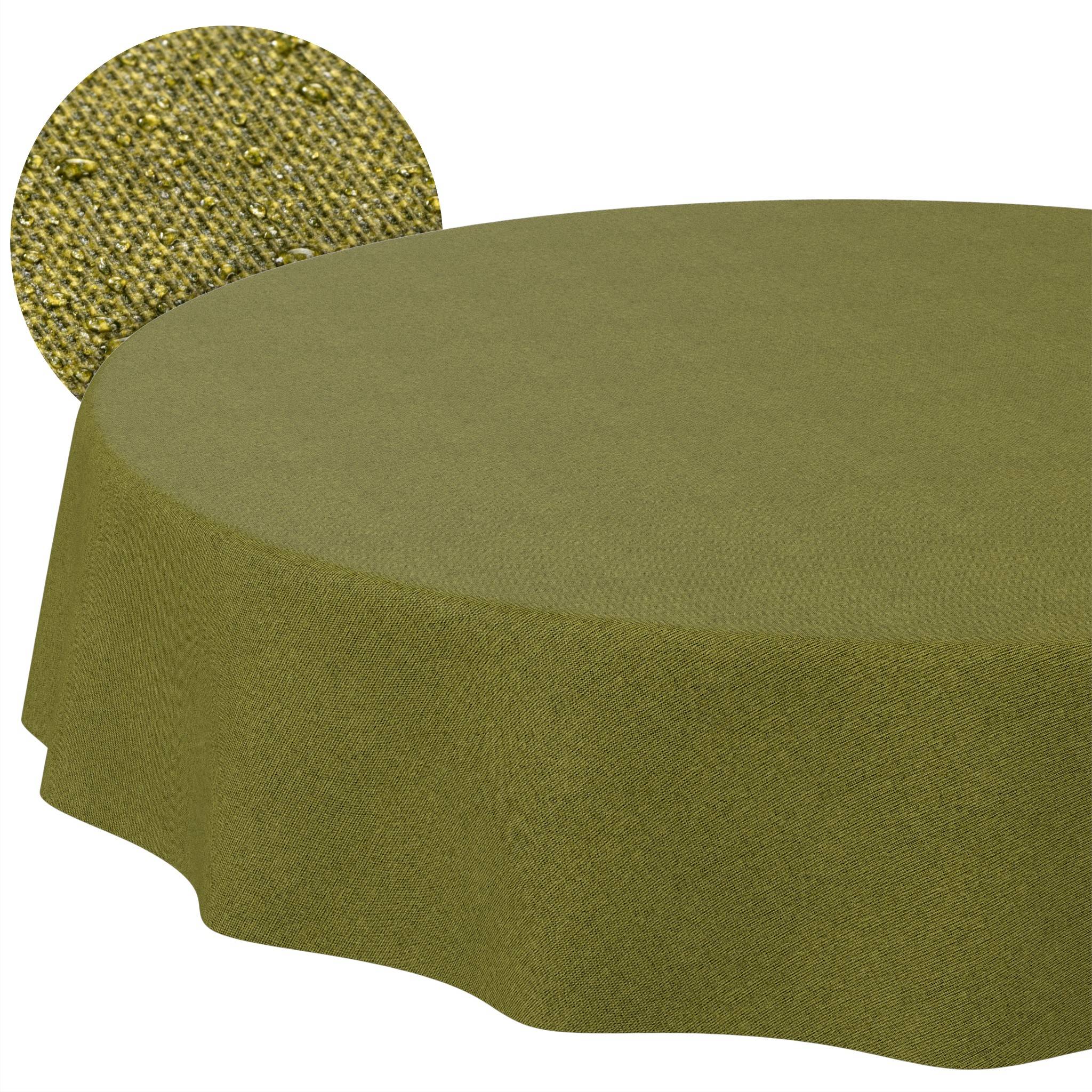 Olivgrüne runde Tischdecke mit nahaufnahmegetreuer Stoffstruktur und Wellenkante, dargestellt auf einem Tisch mit einem passenden Stoffmuster dahinter.