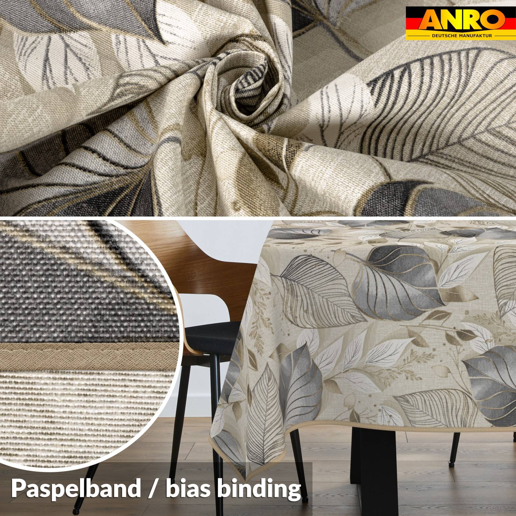 Stoffpolster-Muster mit Blattmuster und Nahaufnahmen von Texturdetails, beschriftet mit "Paspelband / bias binding"" und ANRO-Logo.
