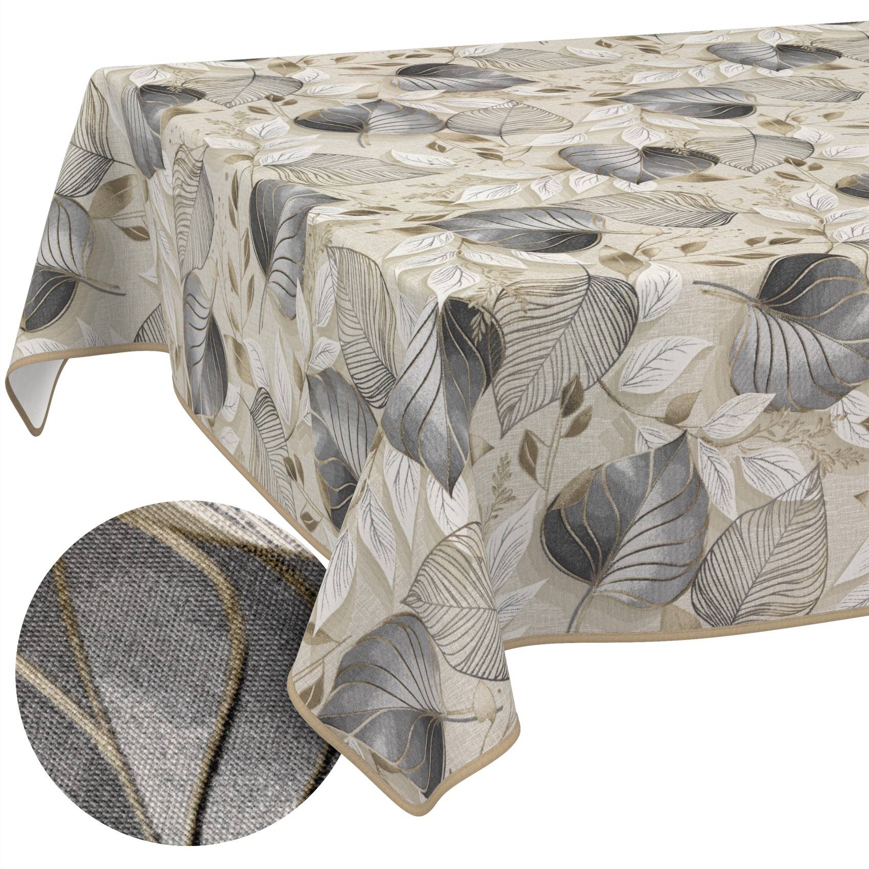 Rechteckige Tischdecke mit einem beige, grau und taupe Blattmuster, dargestellt über einen Tisch drapiert mit einer Detailaufnahme der gewebten Stoffstruktur.