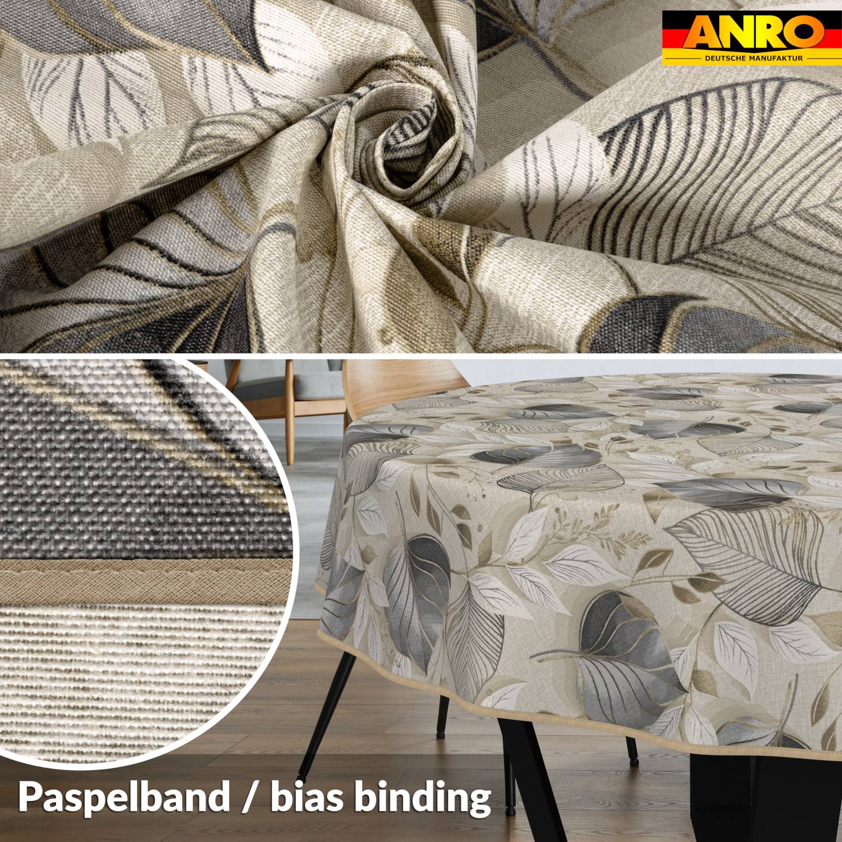 ANRO-Markenstoff mit blattgemusterter Tischdecke und Nahaufnahme der gewebten Schrägbänder, beschriftet mit „Paspelband / bias binding"