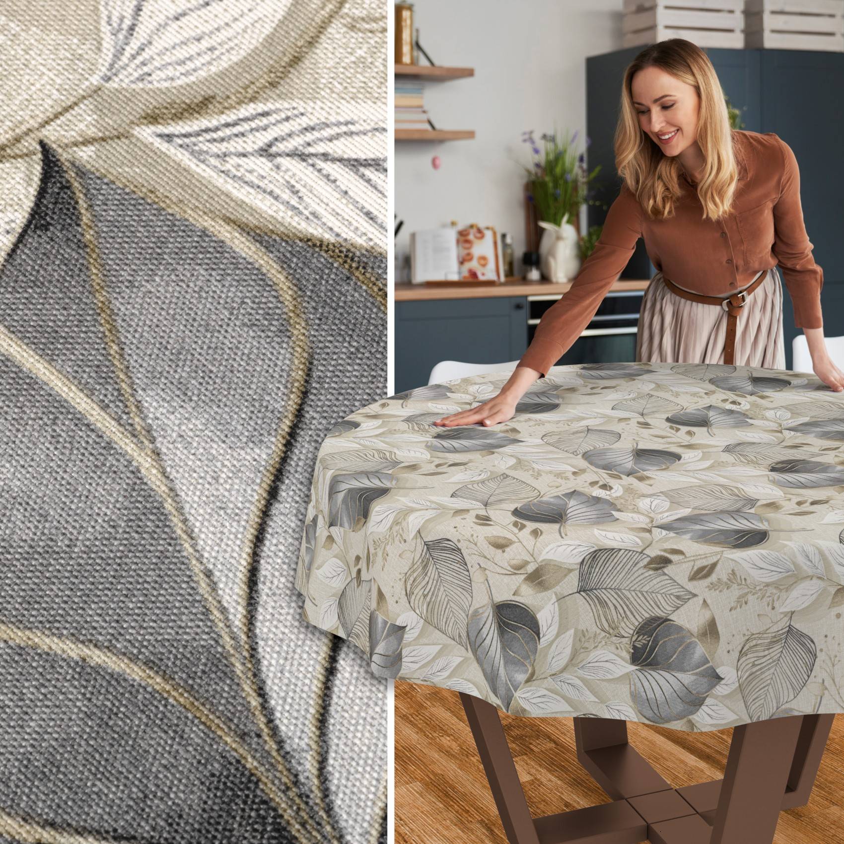Frau glättet eine gemusterte Tischdecke auf einem Esstisch, mit einer vergrößerten Aufnahme, die das Blattmuster und die Textur des Stoffes zeigt.