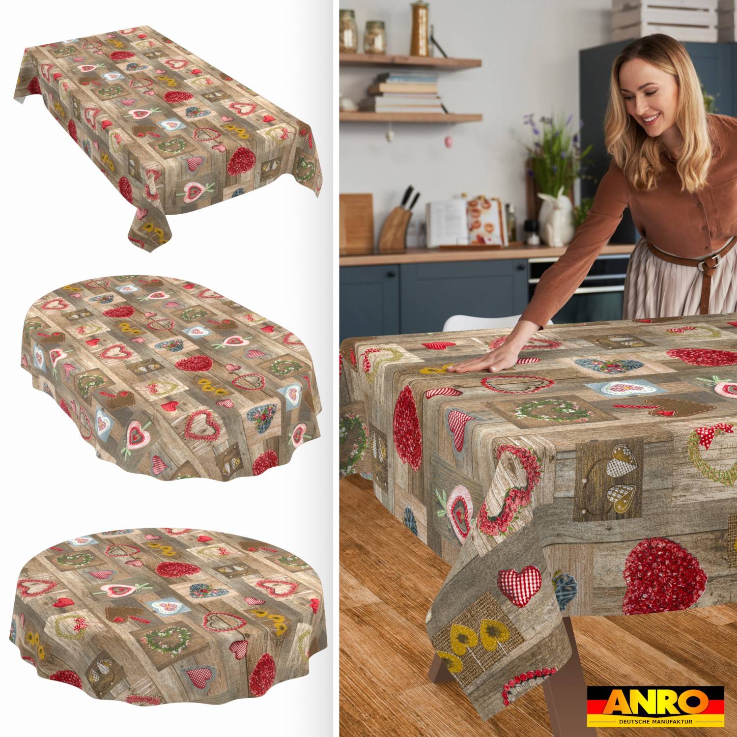 Frau glättet eine Tischdecke mit Herzmuster auf einem Esstisch; die linke Seite zeigt drei Ansichten derselben rustikalen Stoff-Tischauflage.